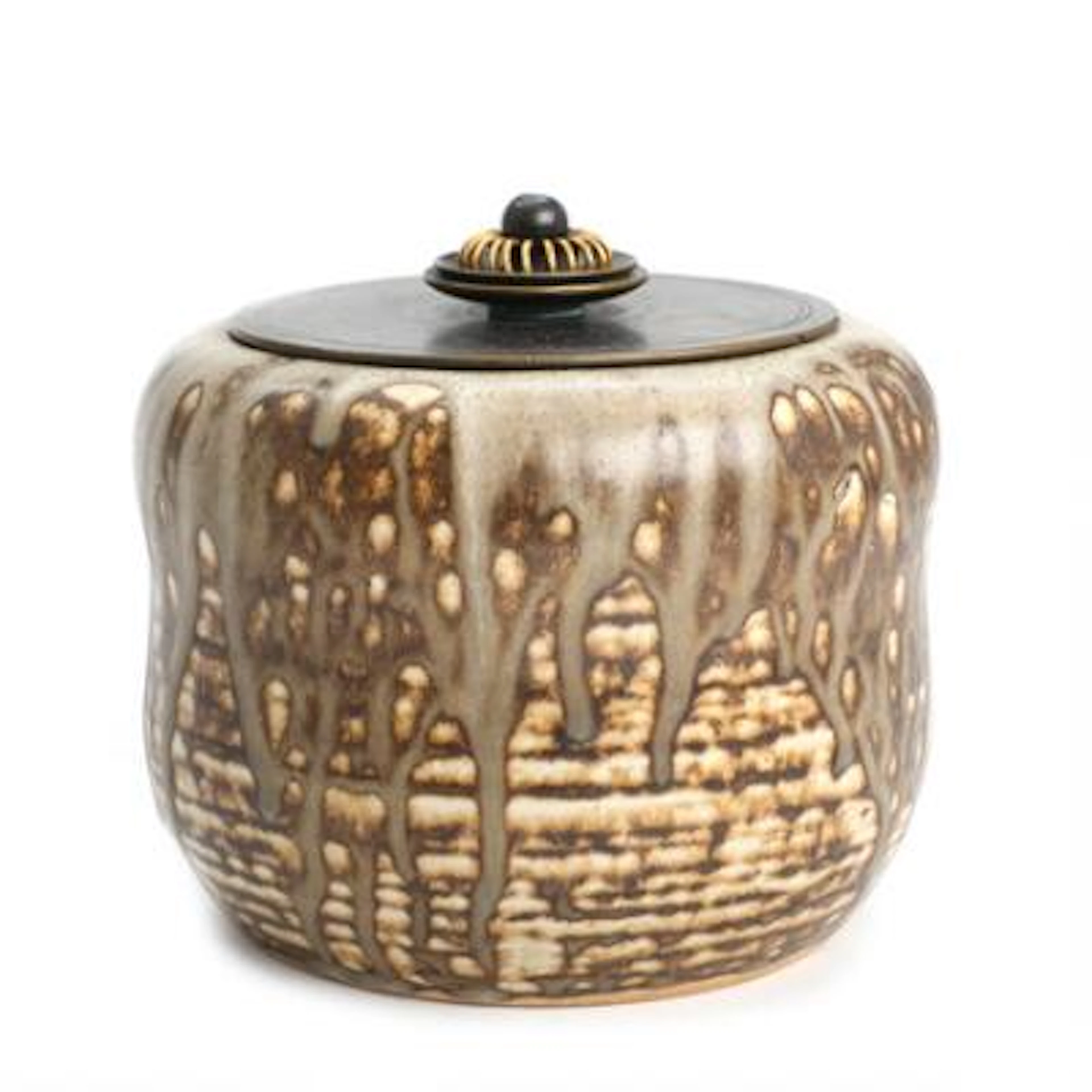 Carl Halier, Knud Andersen: Lidded stoneware jar with patinated bronze
