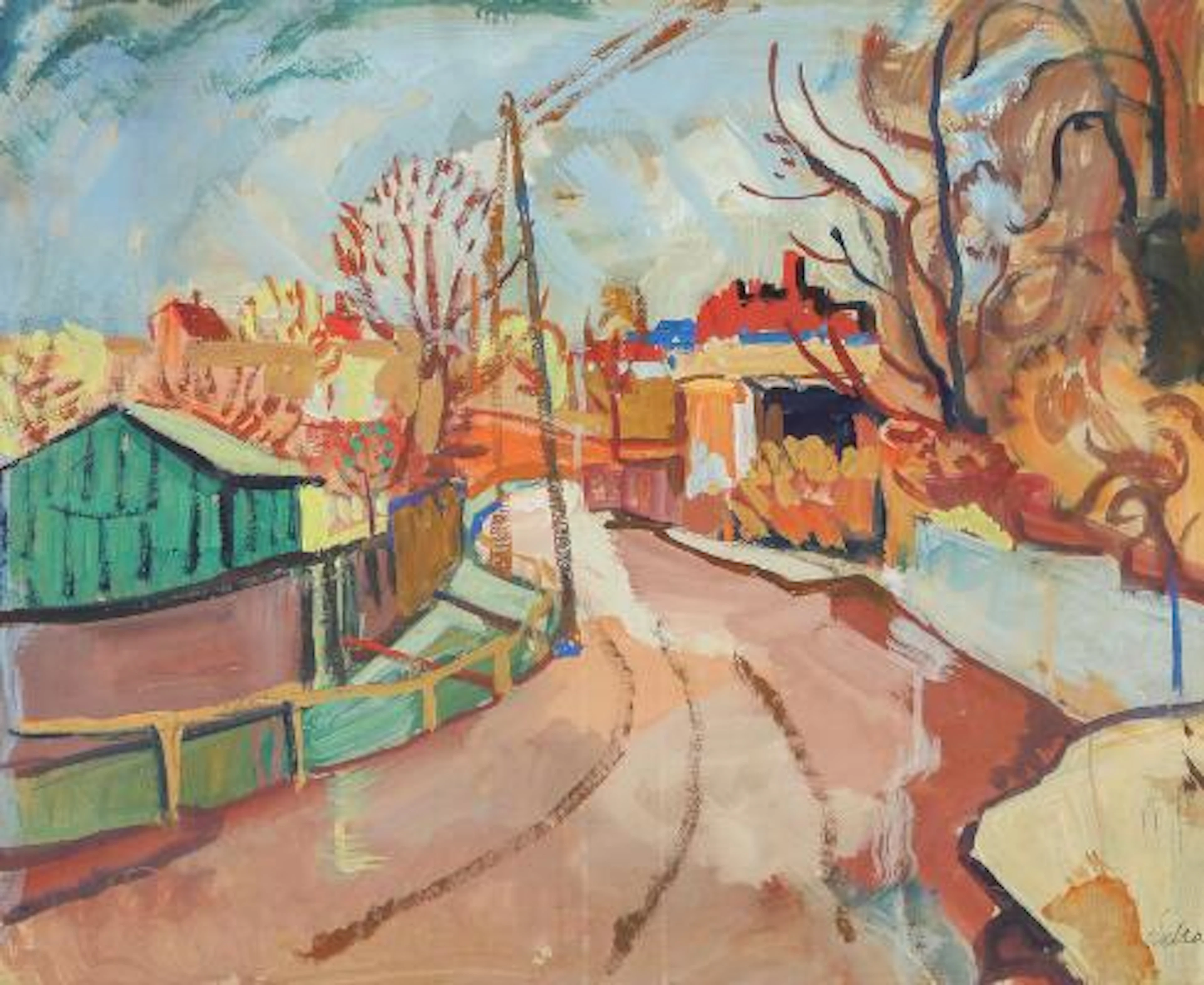 Werner Scholz: Street scene. Signed Scholz. Gouache on cardboard.