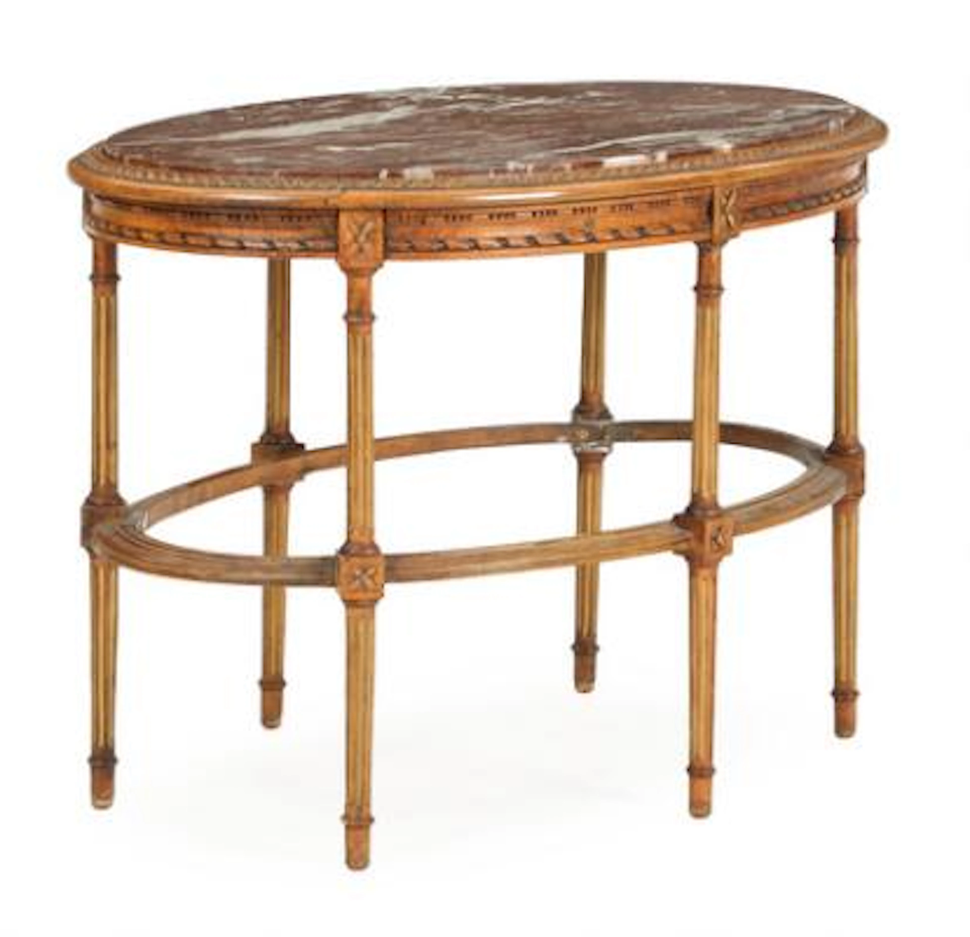 A Swedish oval wooden table with marble top. Louis XVI style. 19th