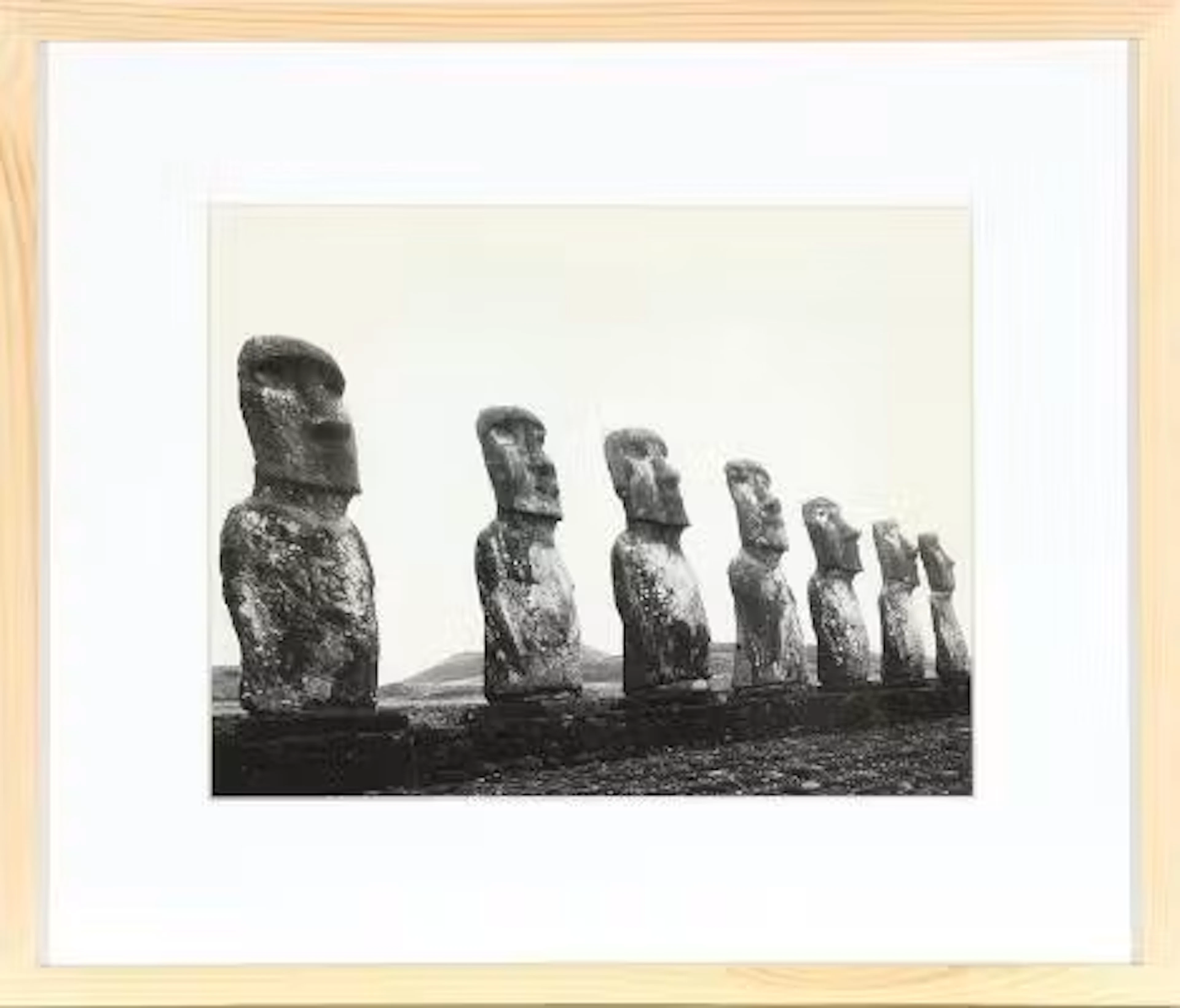Moai statues on Easter Island. Black-and-white silver gelatine press