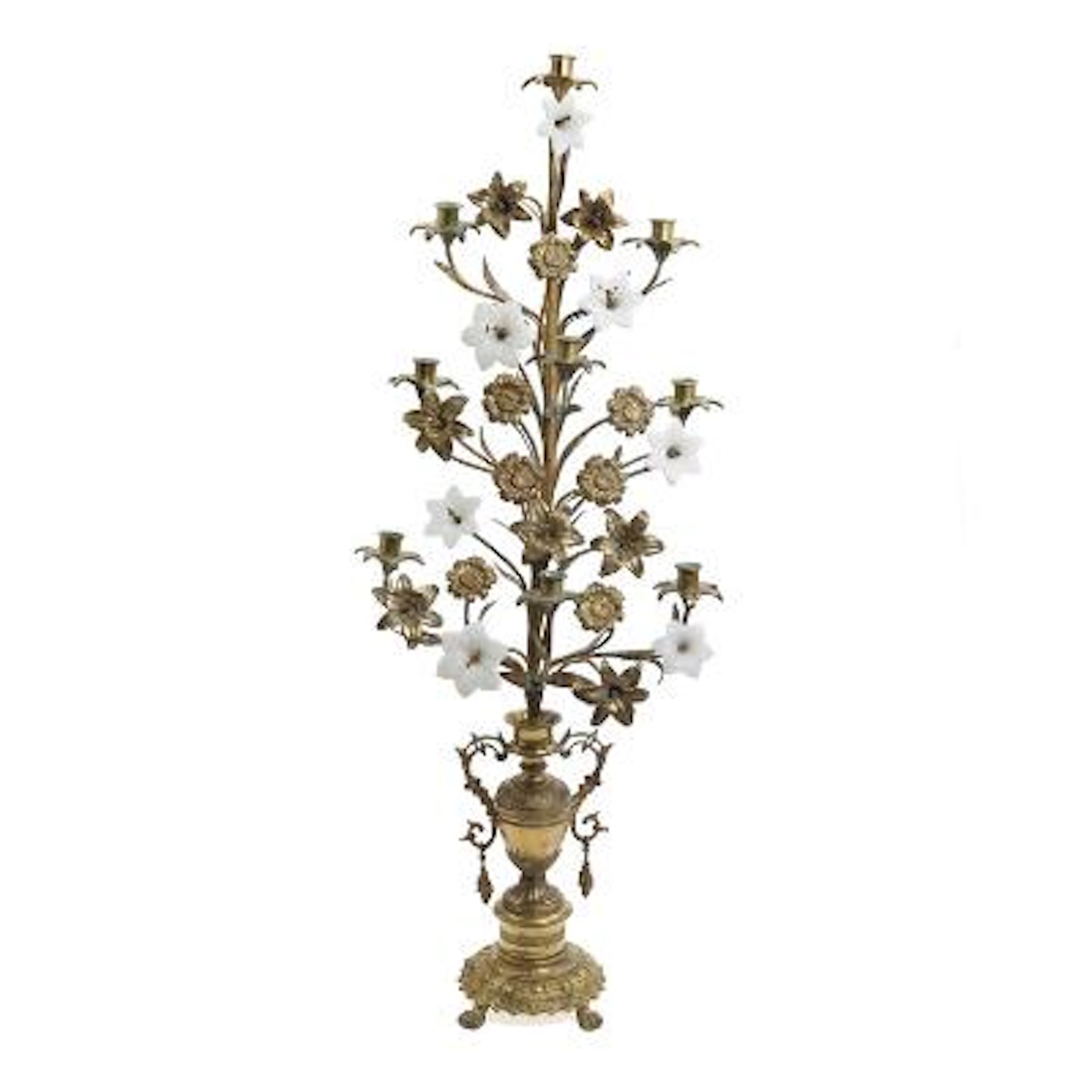 French brass church candelabrum with nine light arms and lilies of