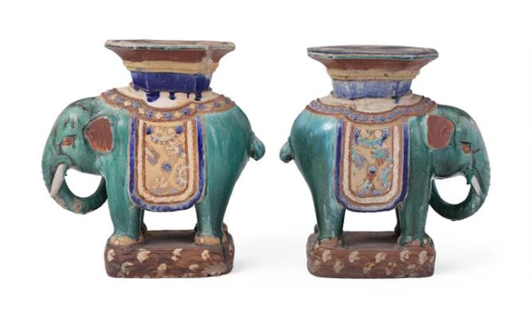 Two side tables of stoneware in the form of elephants. Southeast Asia