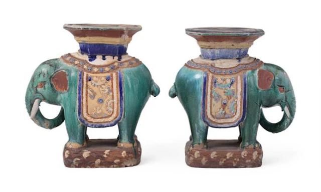 Two side tables of stoneware in the form of elephants. Southeast Asia