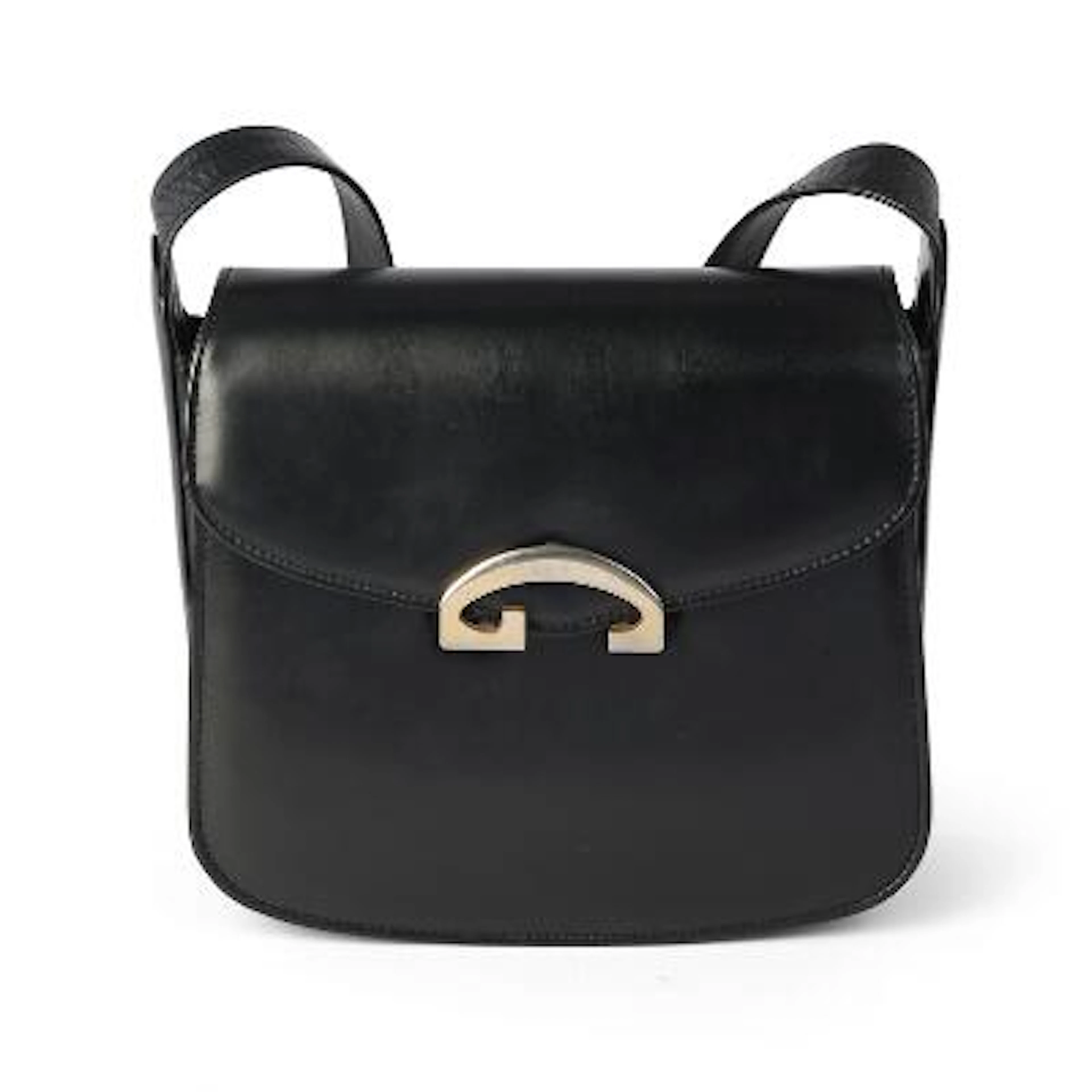 Gucci: Vintage bag of black leather with golden hardware and an adjustable
