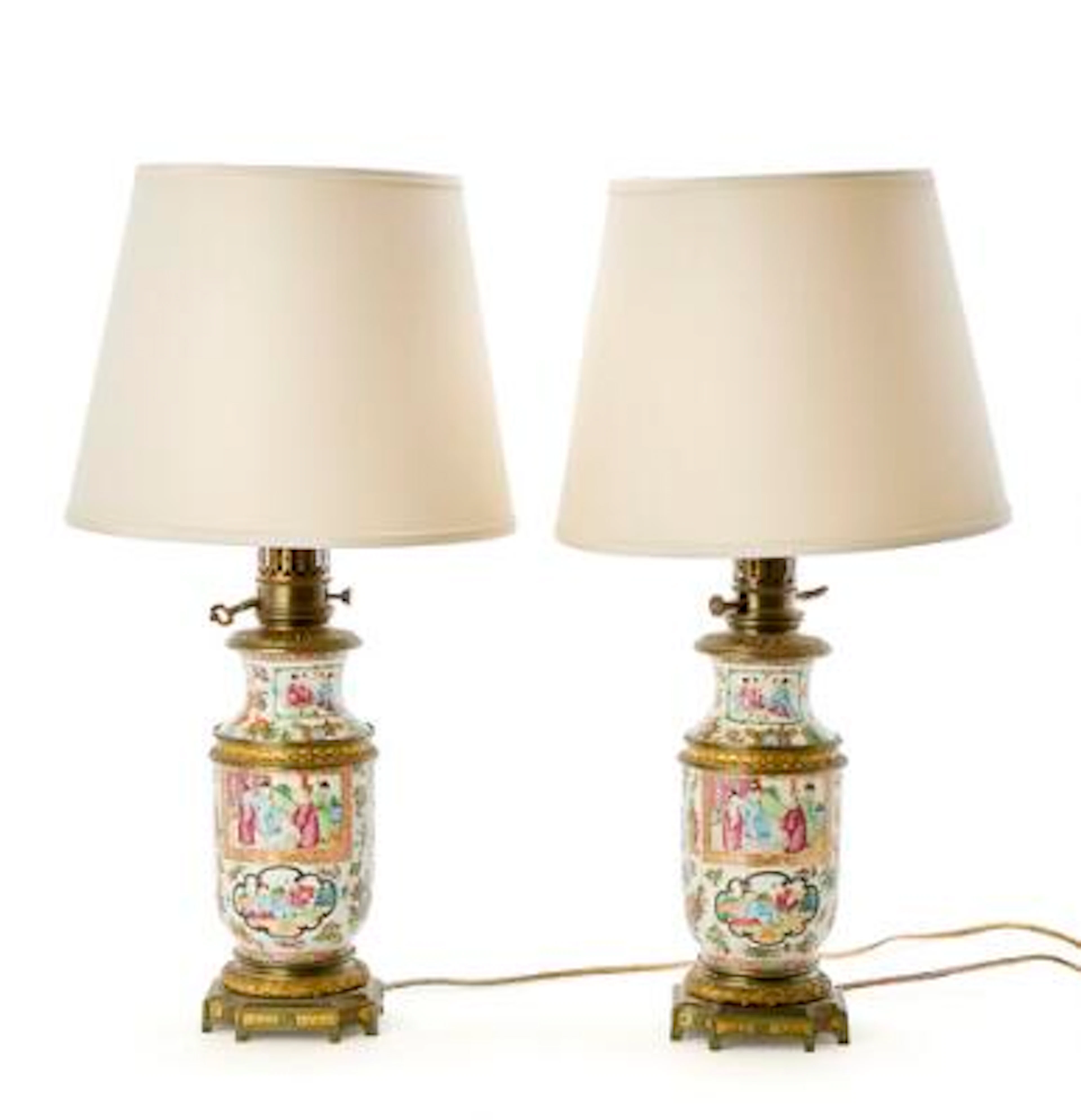 A pair of Chinese Canton lamps with gilt bronze mounts. Late 19th