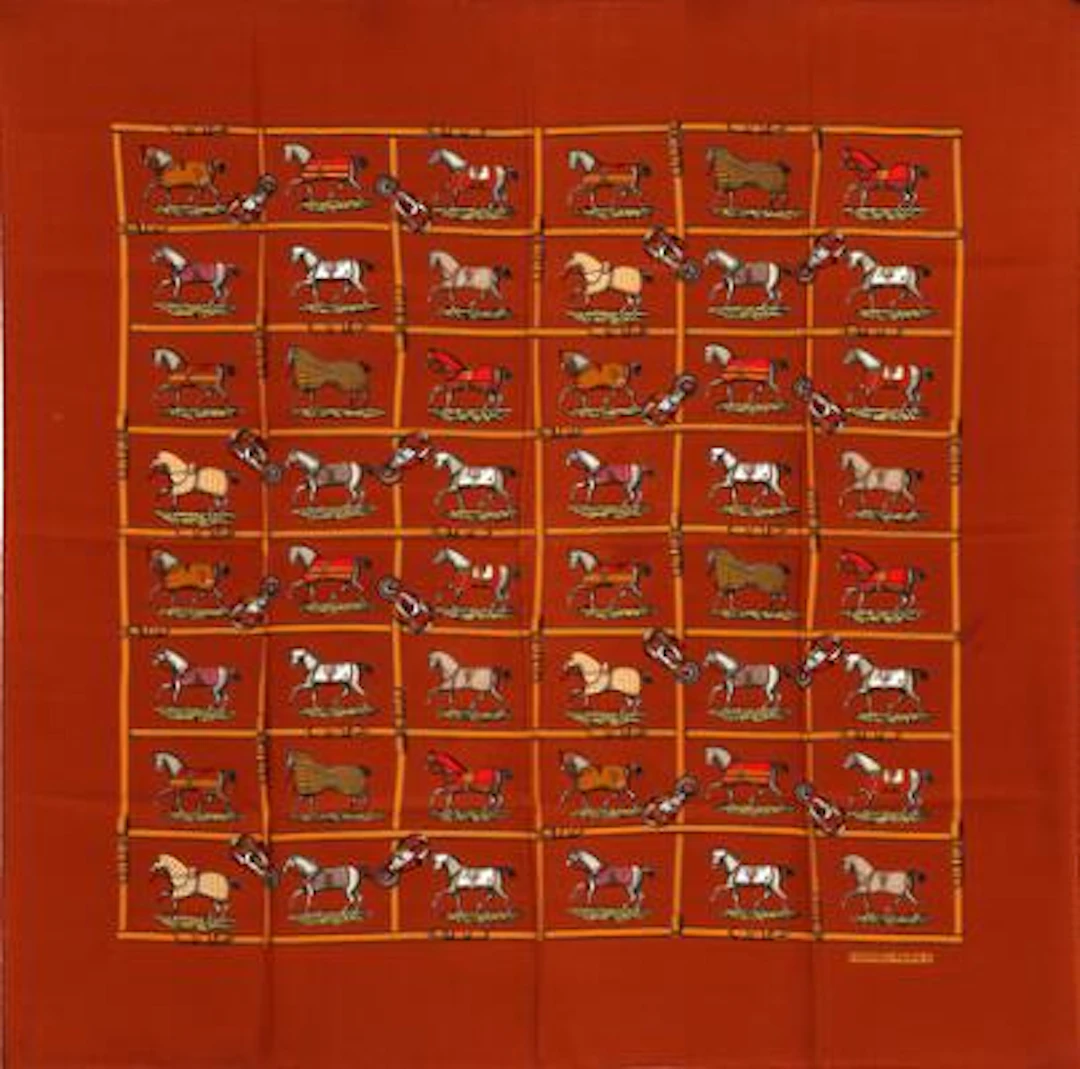 Hermès: A silk scarf with motif "Couvertures Es Tenues Du Jour" by
