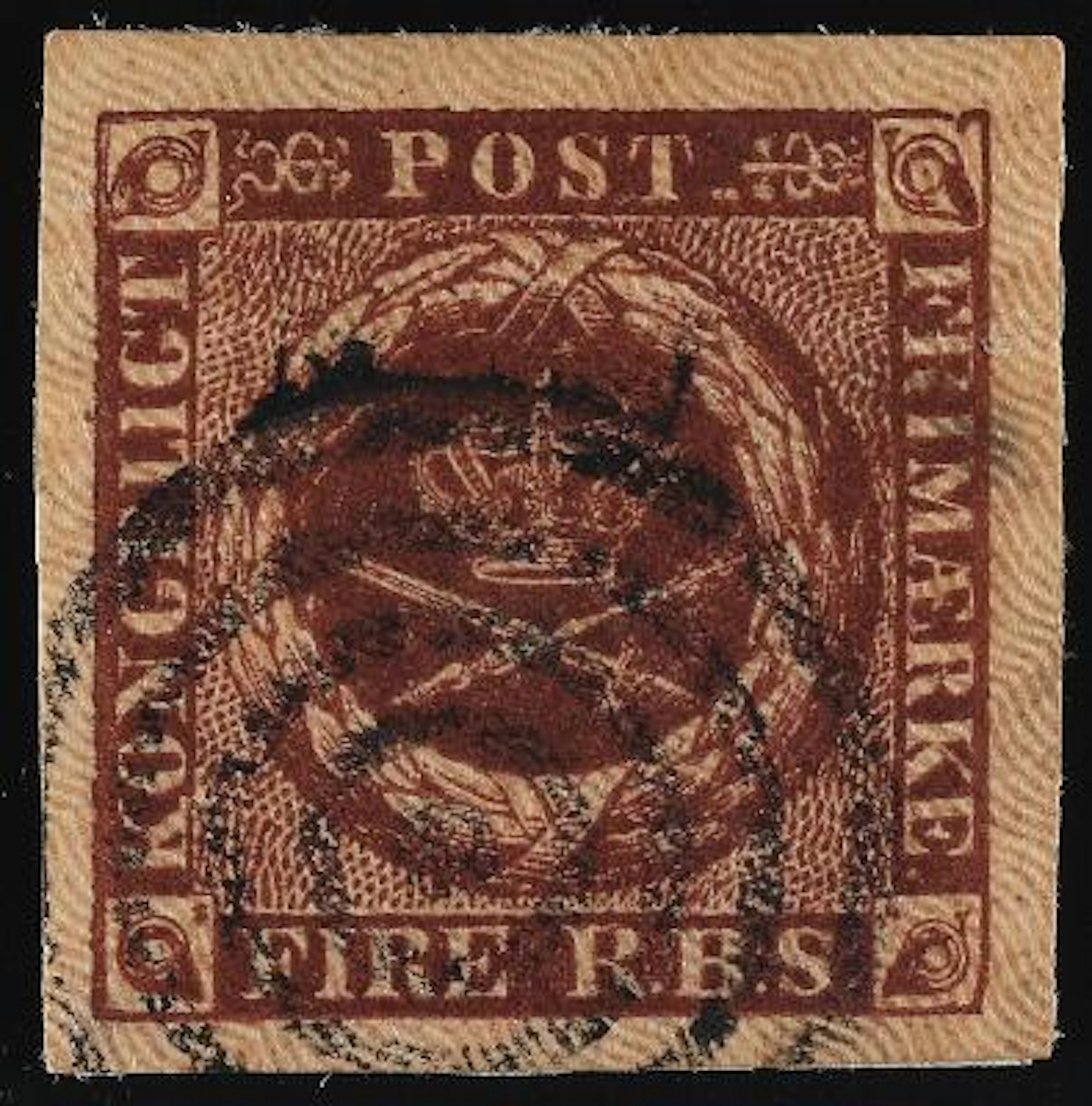 1851. 4 RBS, chocolate brown. Ferslew. Plate I, no. 1 THE NICK STAMP.