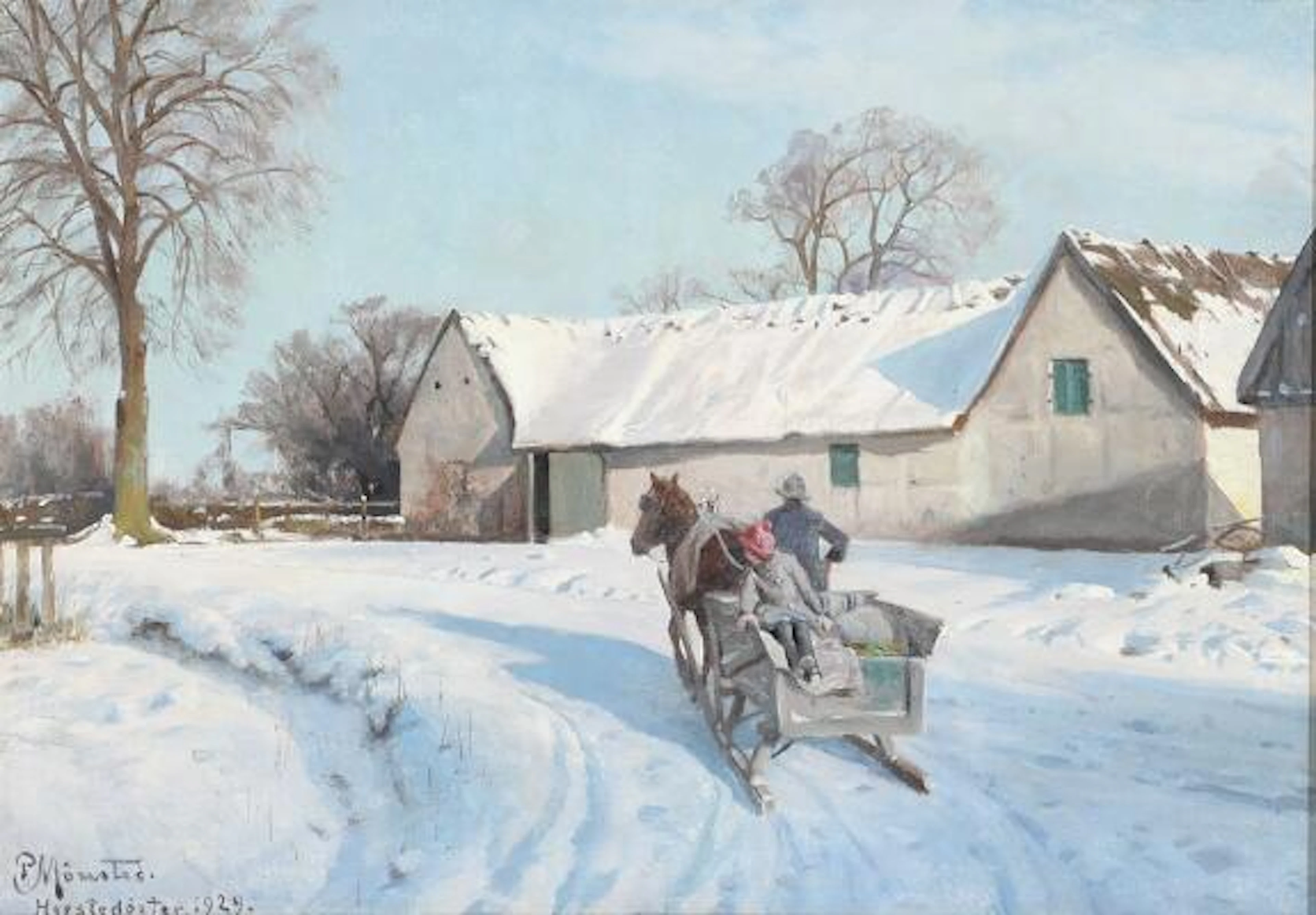Peder Mønsted: A winter day in Herstedvester, Denmark. Signed and