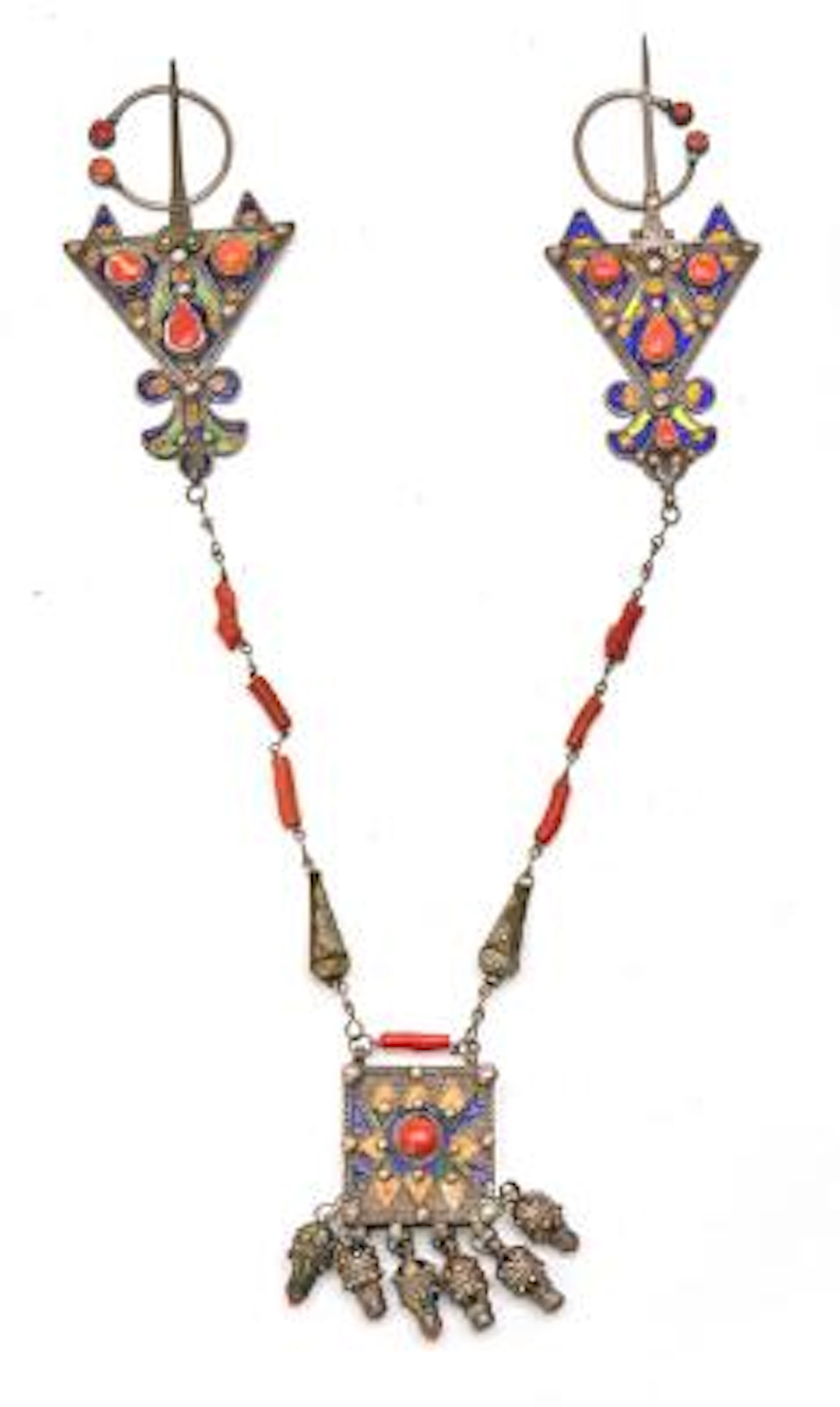 A 20th century silver and enamel Karbyle double fibule adorned with