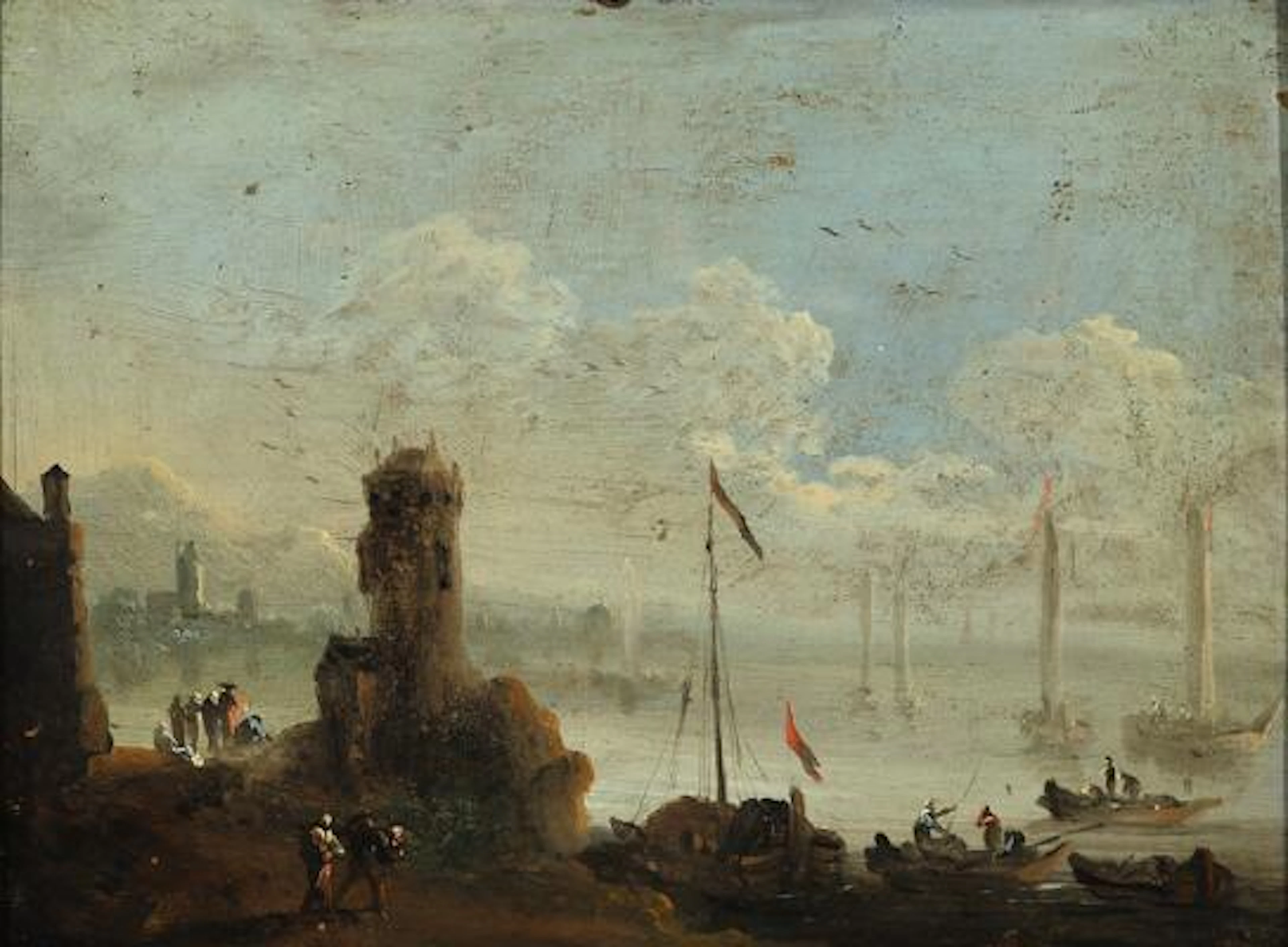 Painter unknown, 18th century.: Busy boats and people in a bay. Unsigned.