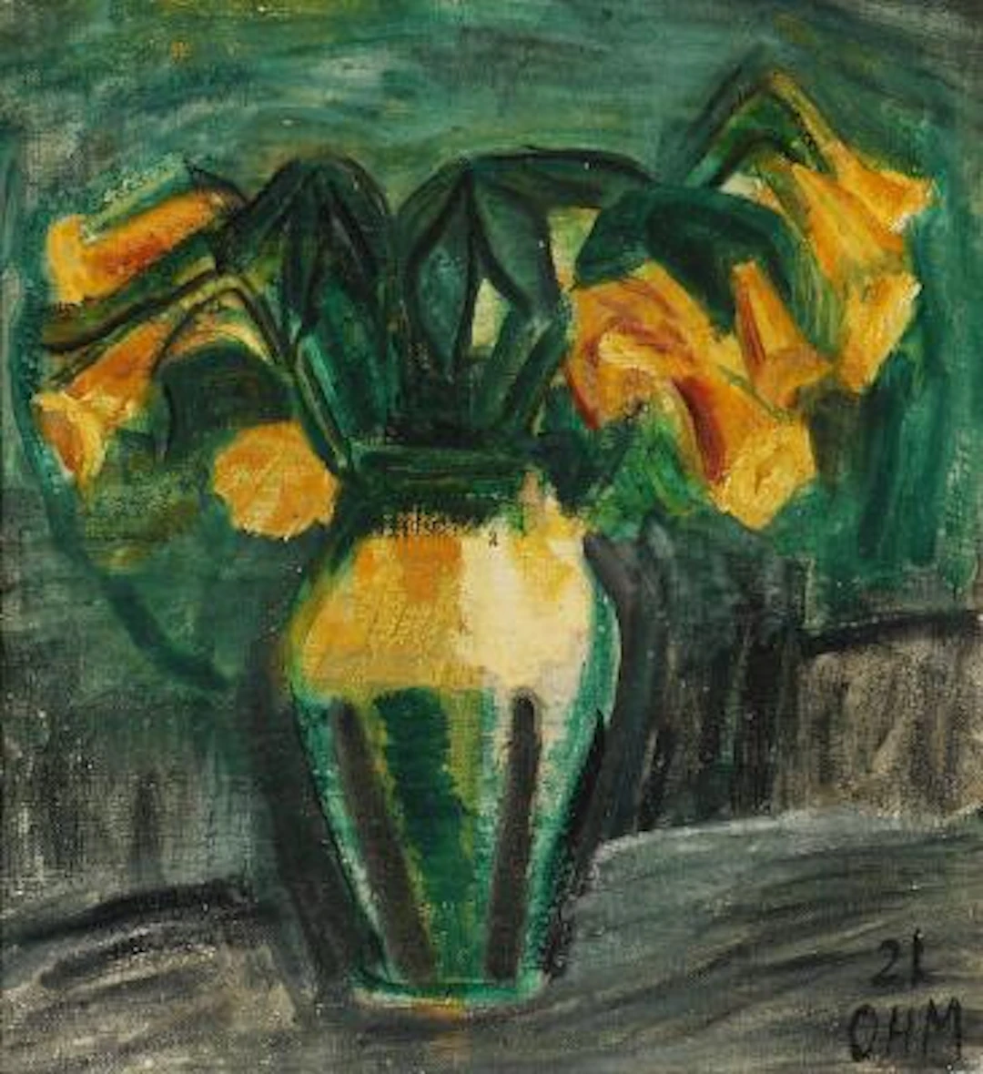 Olivia Holm-Møller: Easter lilies in vase. Signed OHM 21. Oil on canvas.