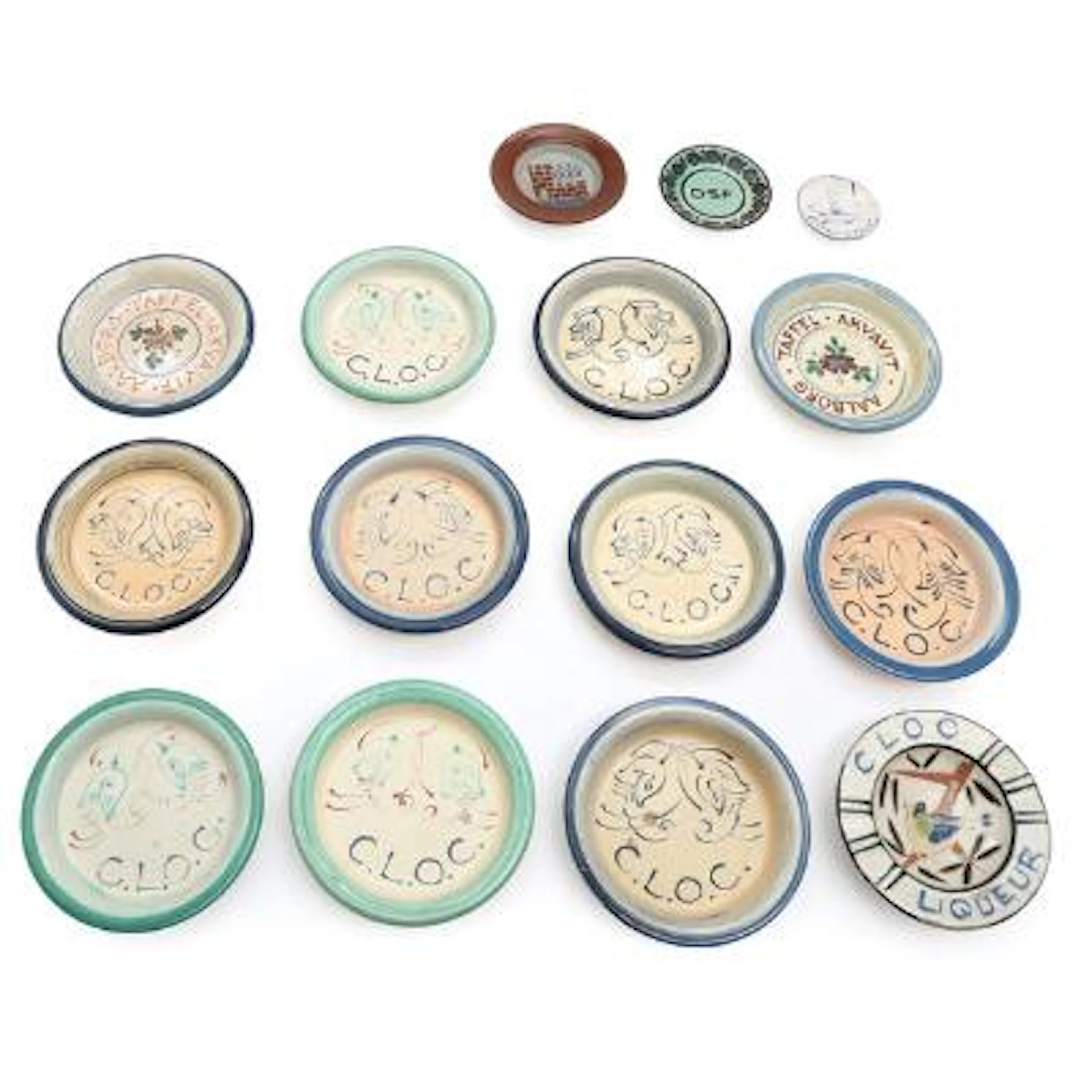 Kähler: Collection of earthenware ashtrays decorated with blue, green