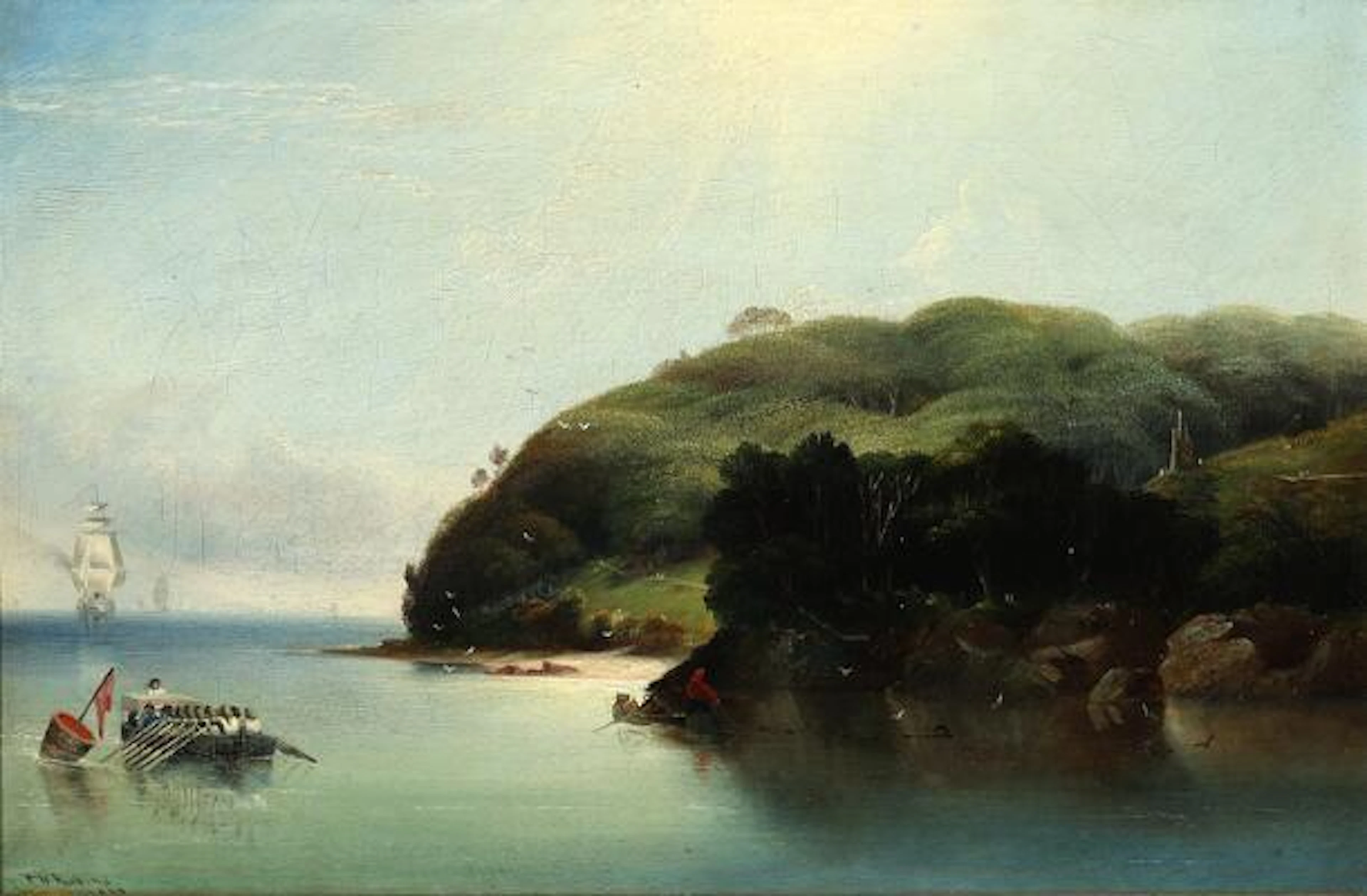 Thomas Valentine Robins: A ship's crew rowing towards the coast near
