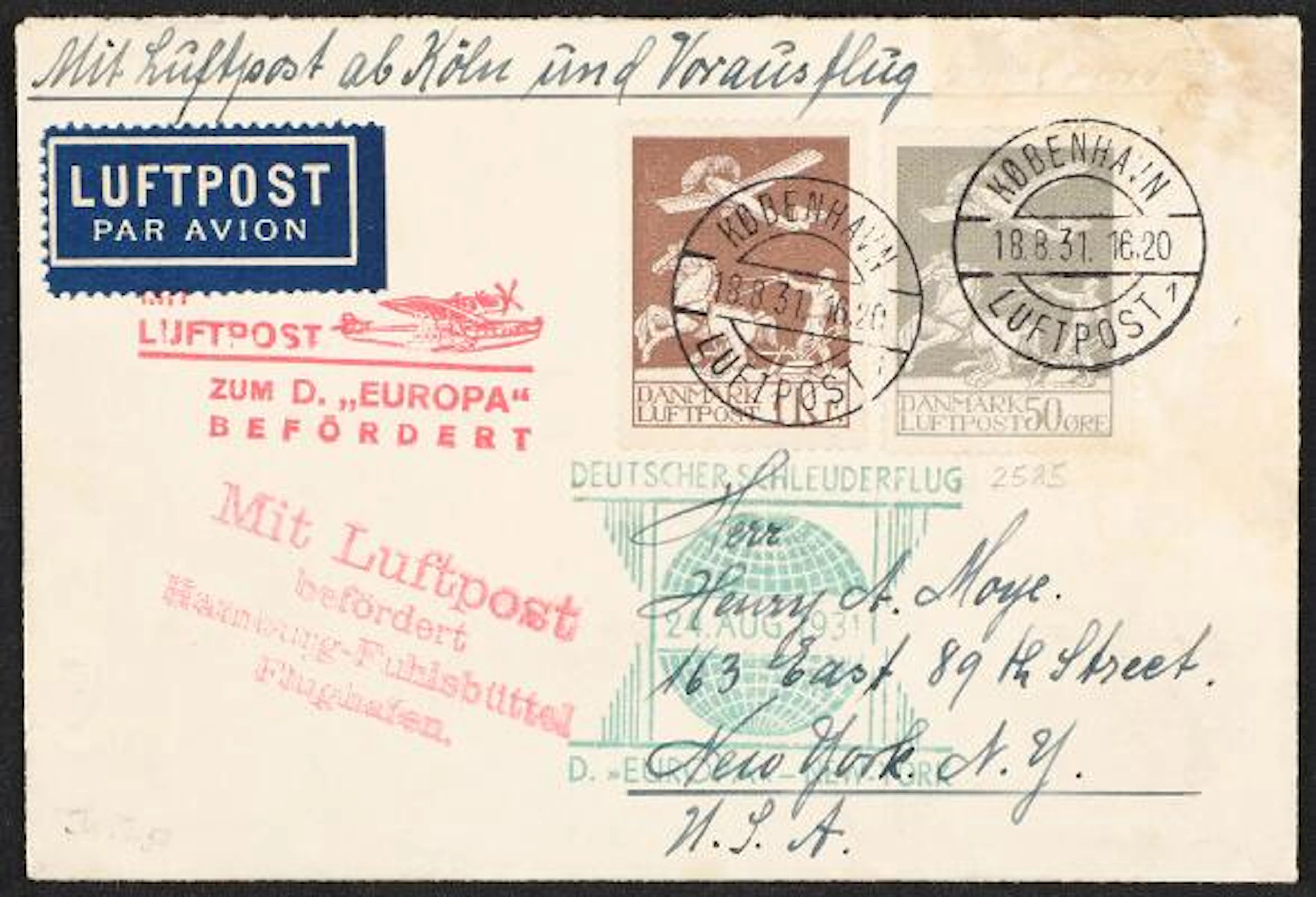 1929. Airmail, 50 øre and 1 kr. on CATAPULT-cover to New York. – Bruun