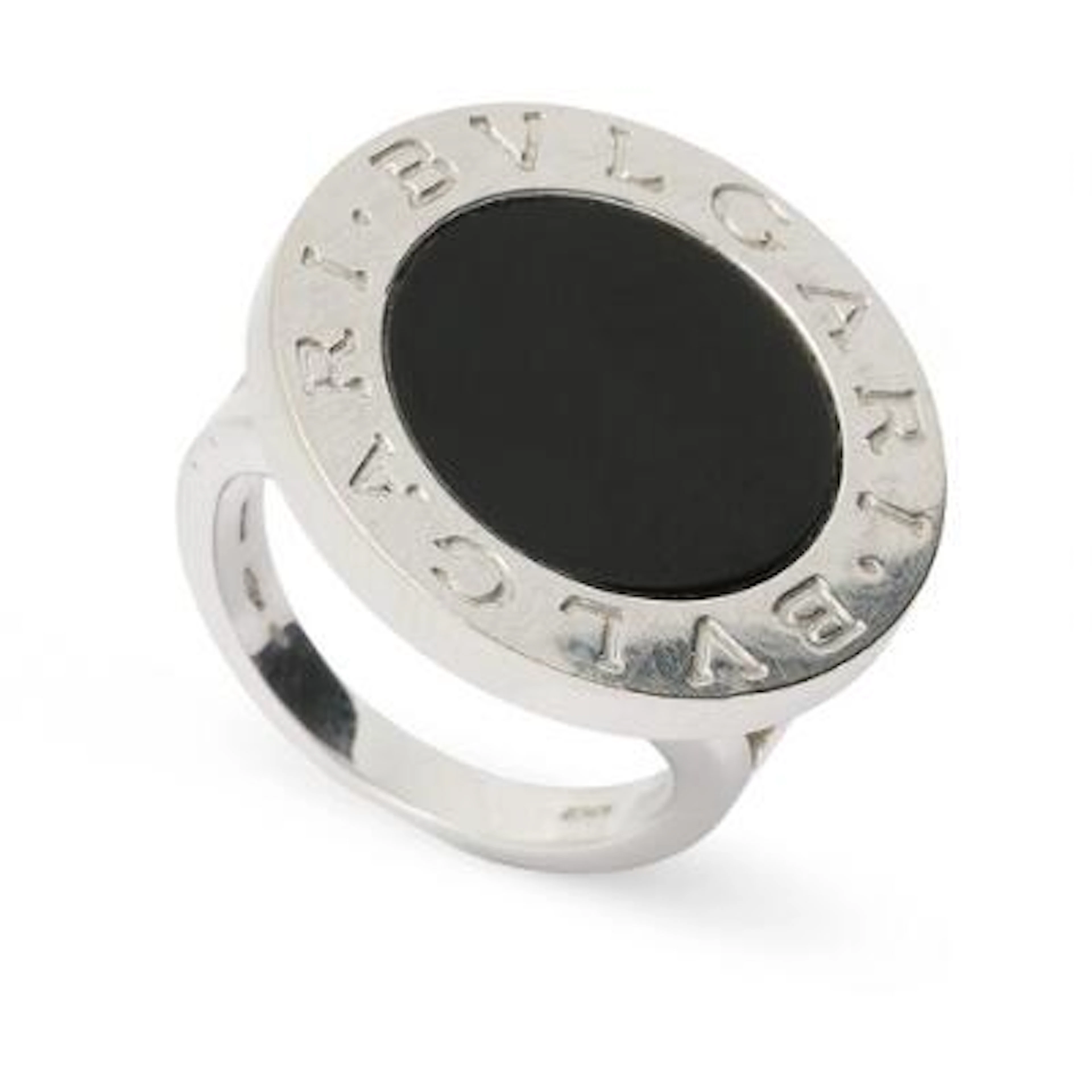 Bulgari: An onyx ring set with a black onyx disc, mounted in 18k white