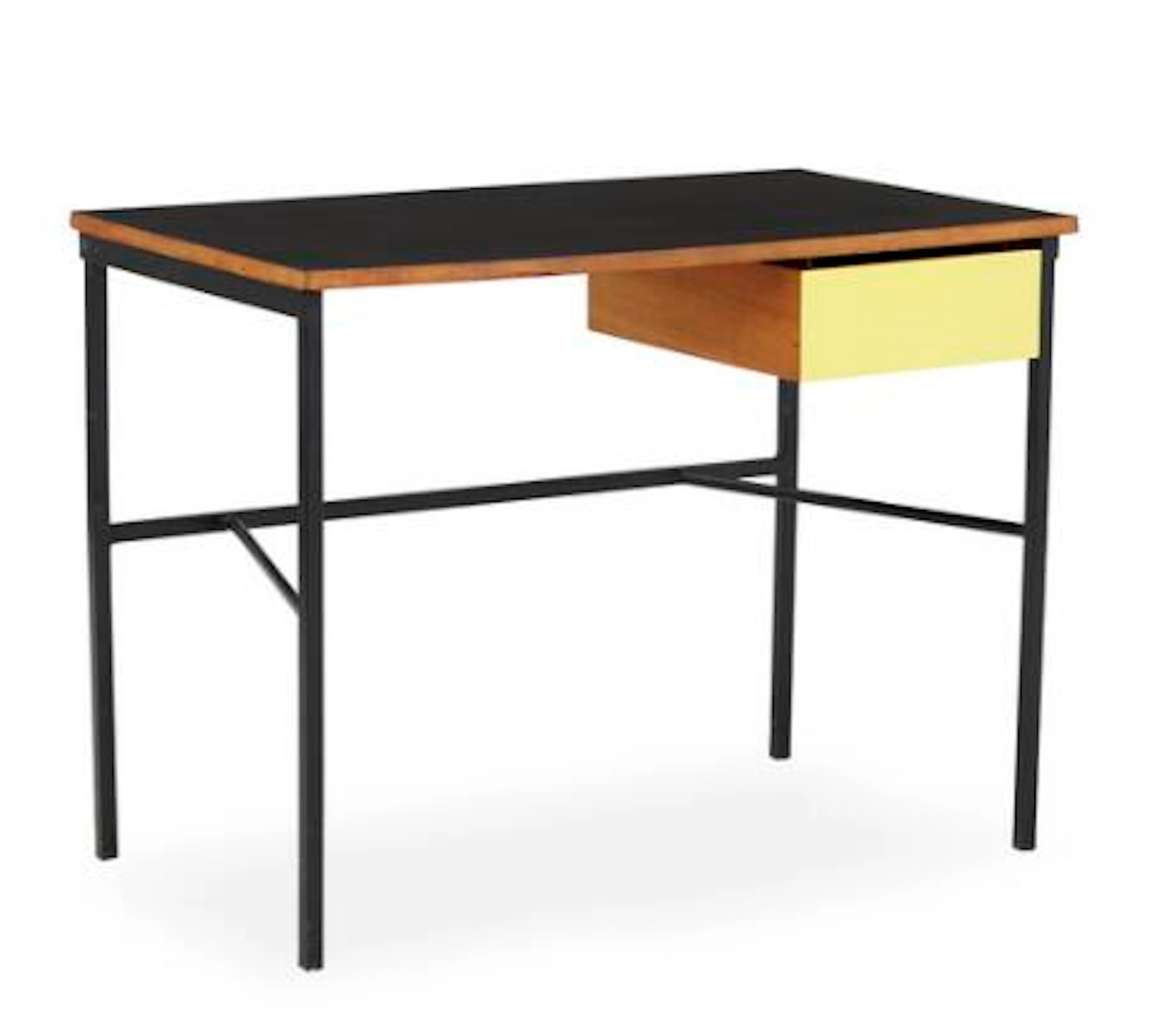 Pierre Paulin: Desk with frame of black lacquered steel. Top with