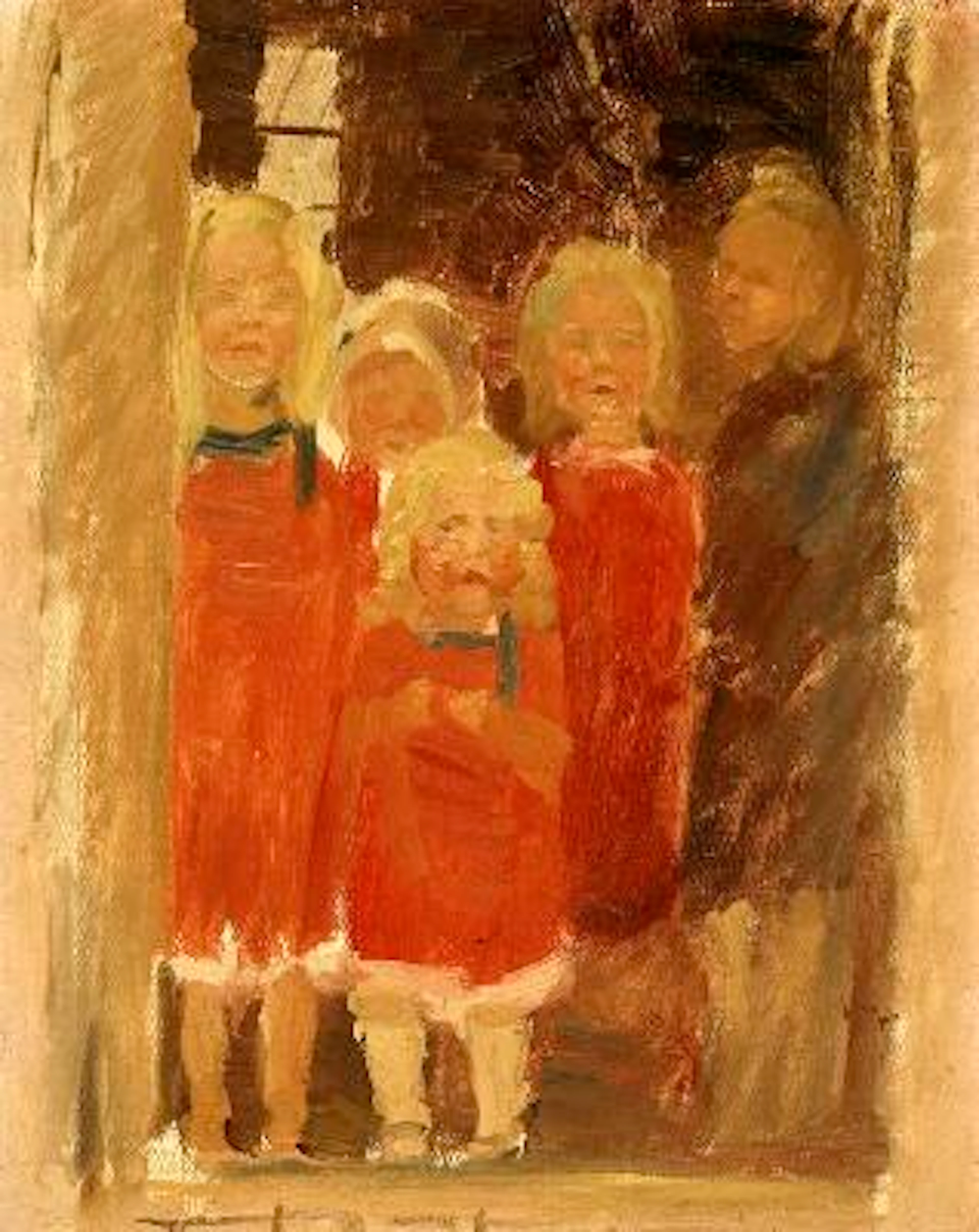 Anna Ancher: Five small girls standing in a doorway. Unsigned. Oil