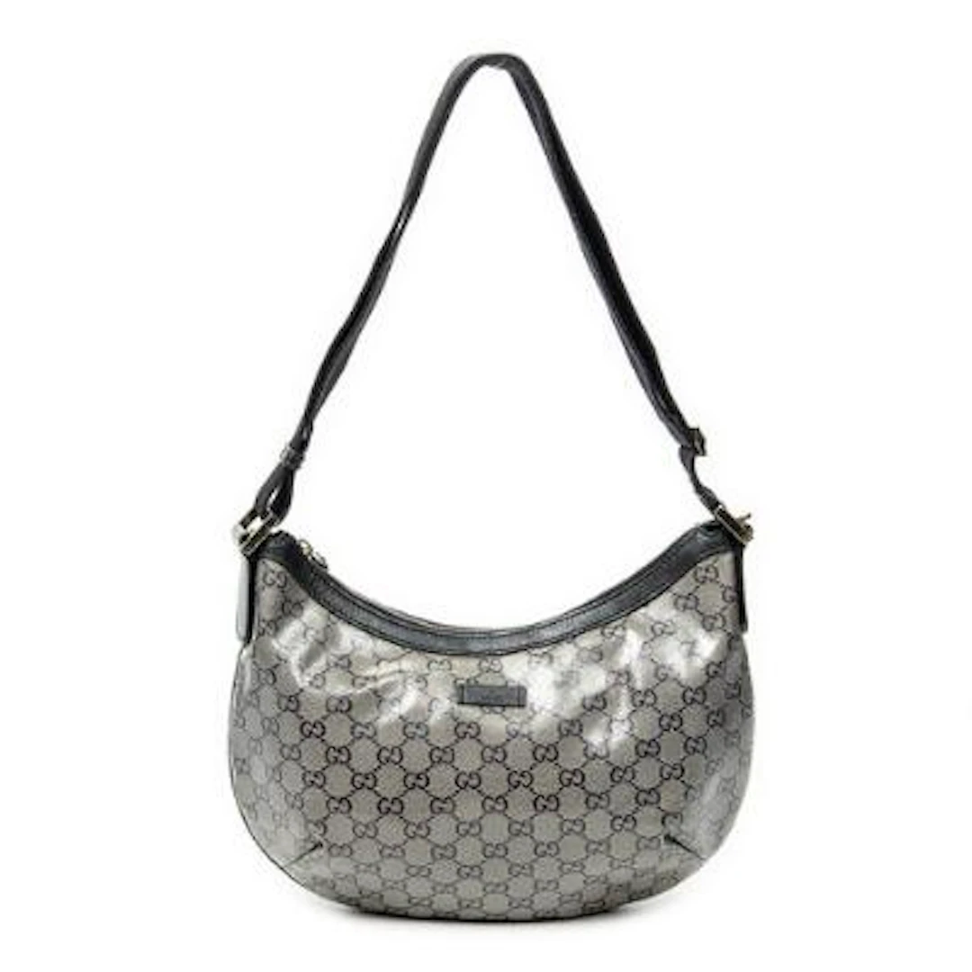 Gucci: A"Halfmoon Messenger" bag in metallic and black monogram coated
