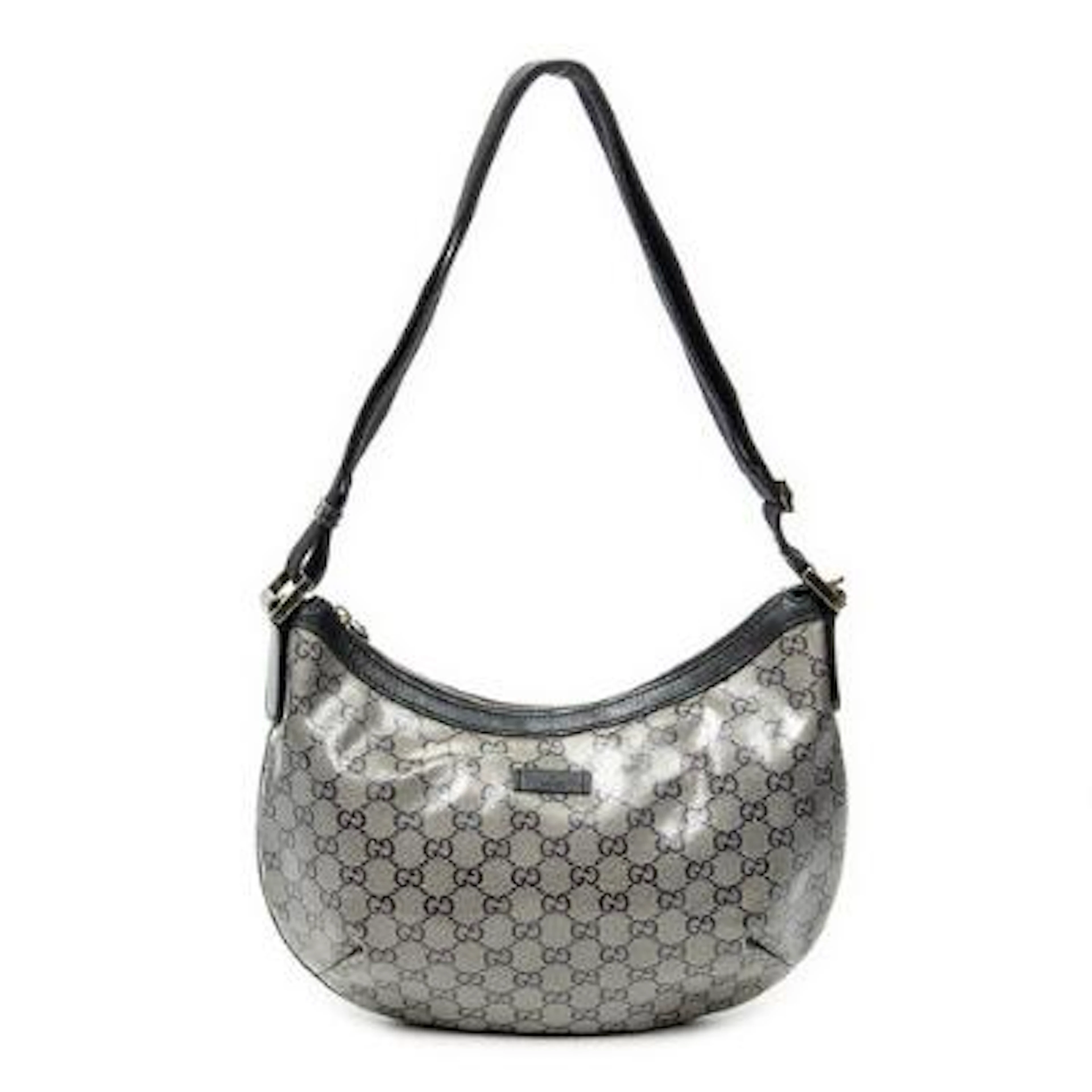 Gucci: A"Halfmoon Messenger" bag in metallic and black monogram coated