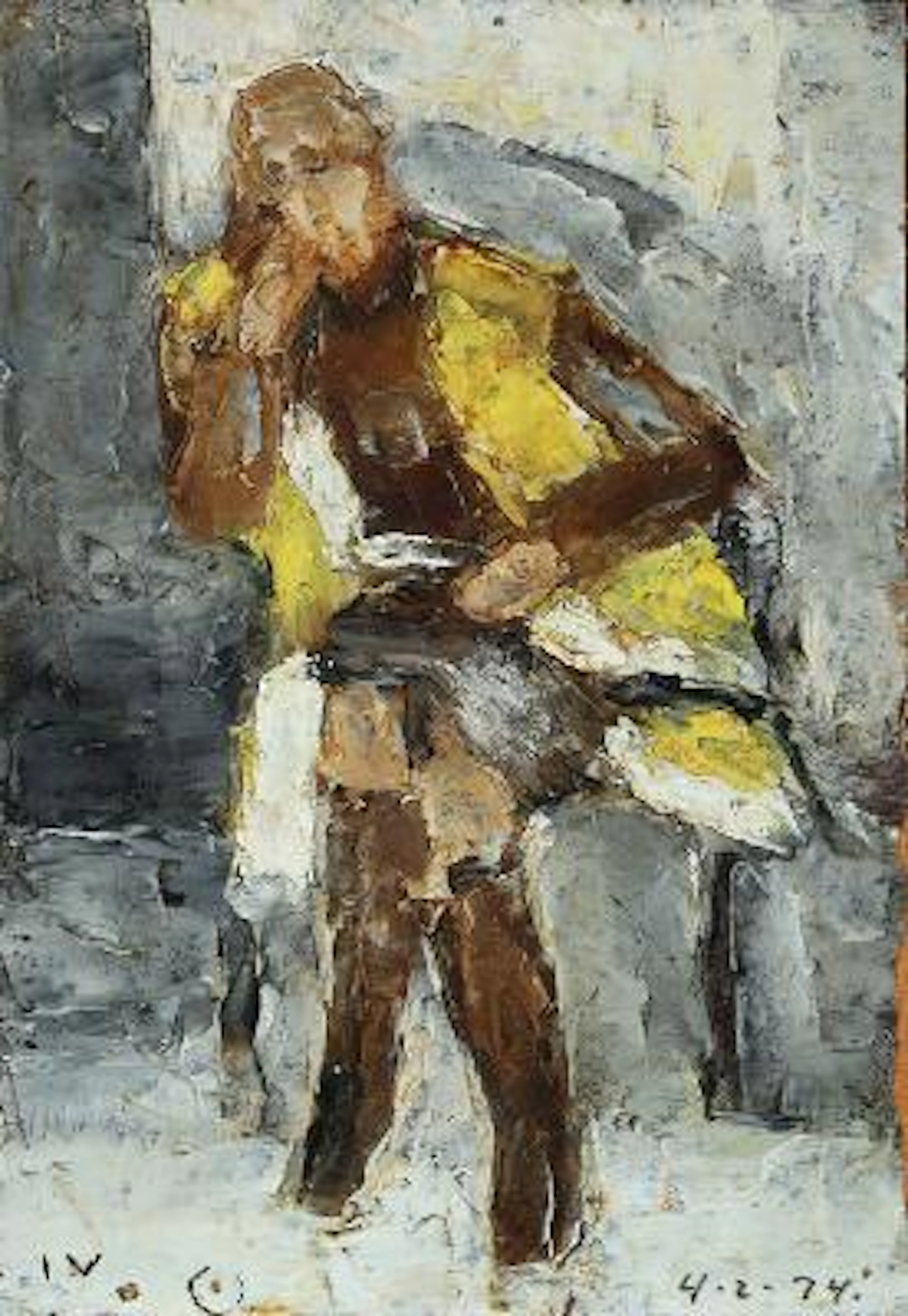 Jeppe Vontillius: Seated Woman in Yellow. Signed IV, 4-2-74. Oil on