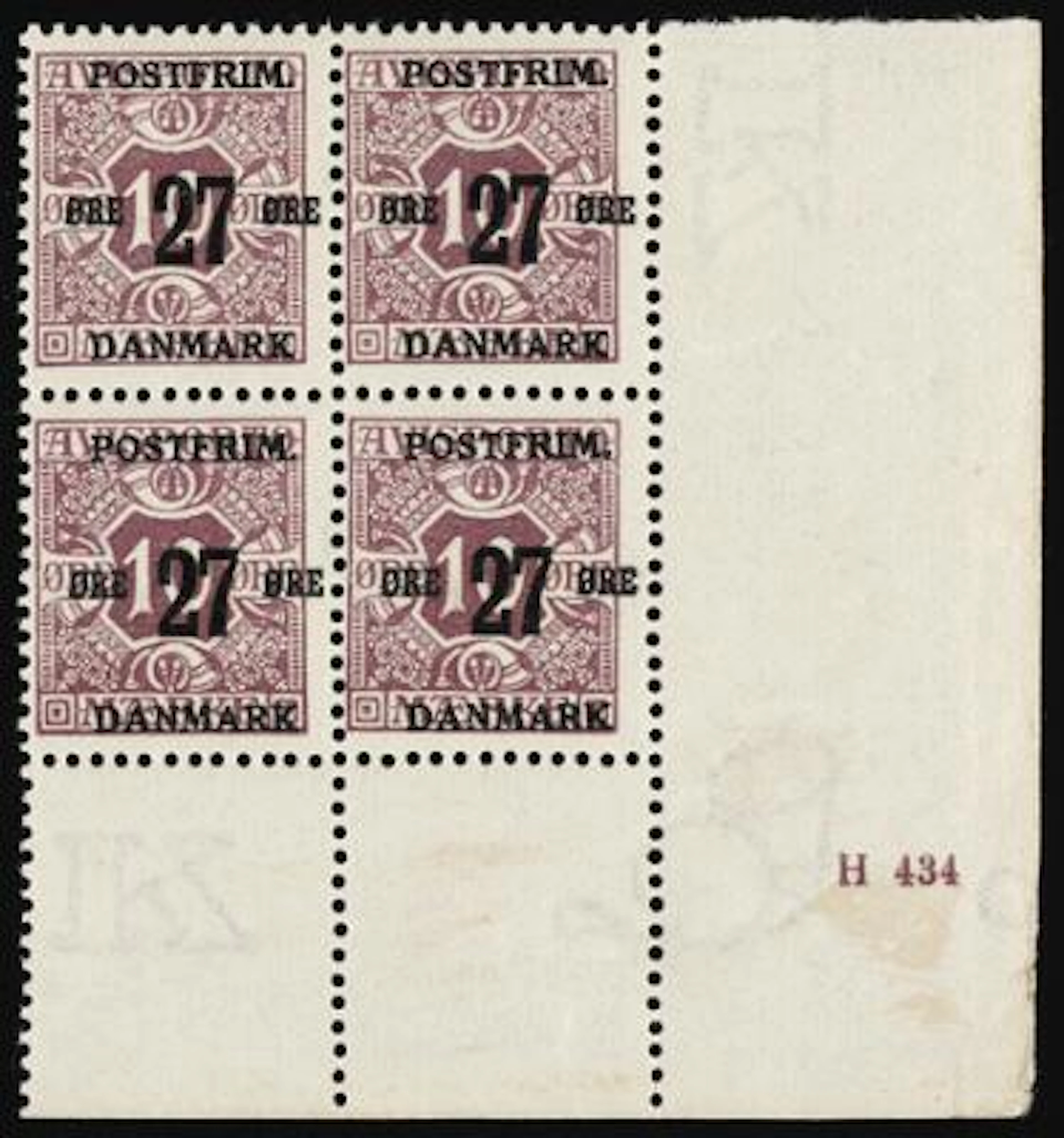 1918. Surcharge. 27/10 Øre, violet. Perf. 12 3/4, wmk, Crown. Never