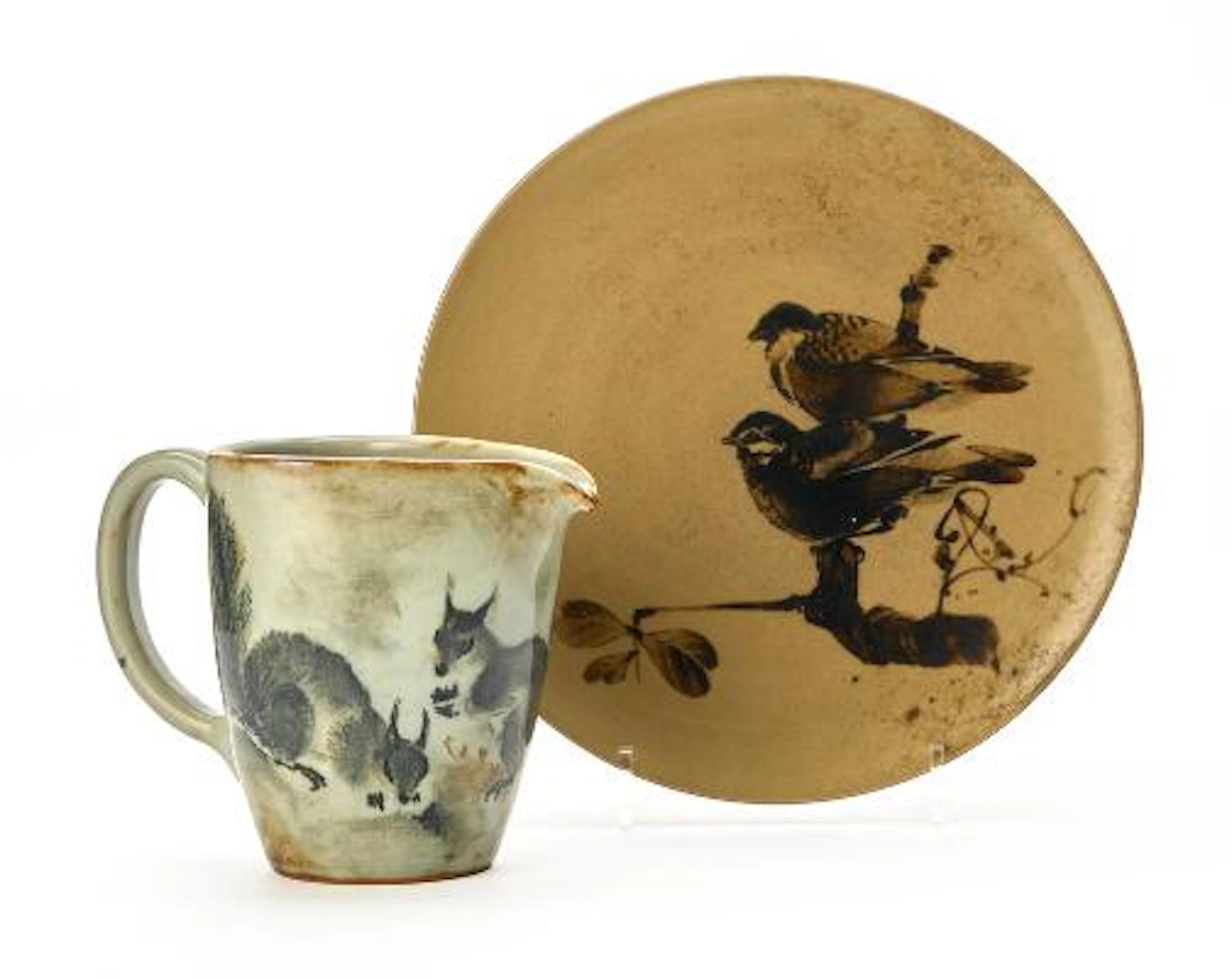 Nils Thorsson: Stoneware dish and pitcher, decorated with resp. sparrow