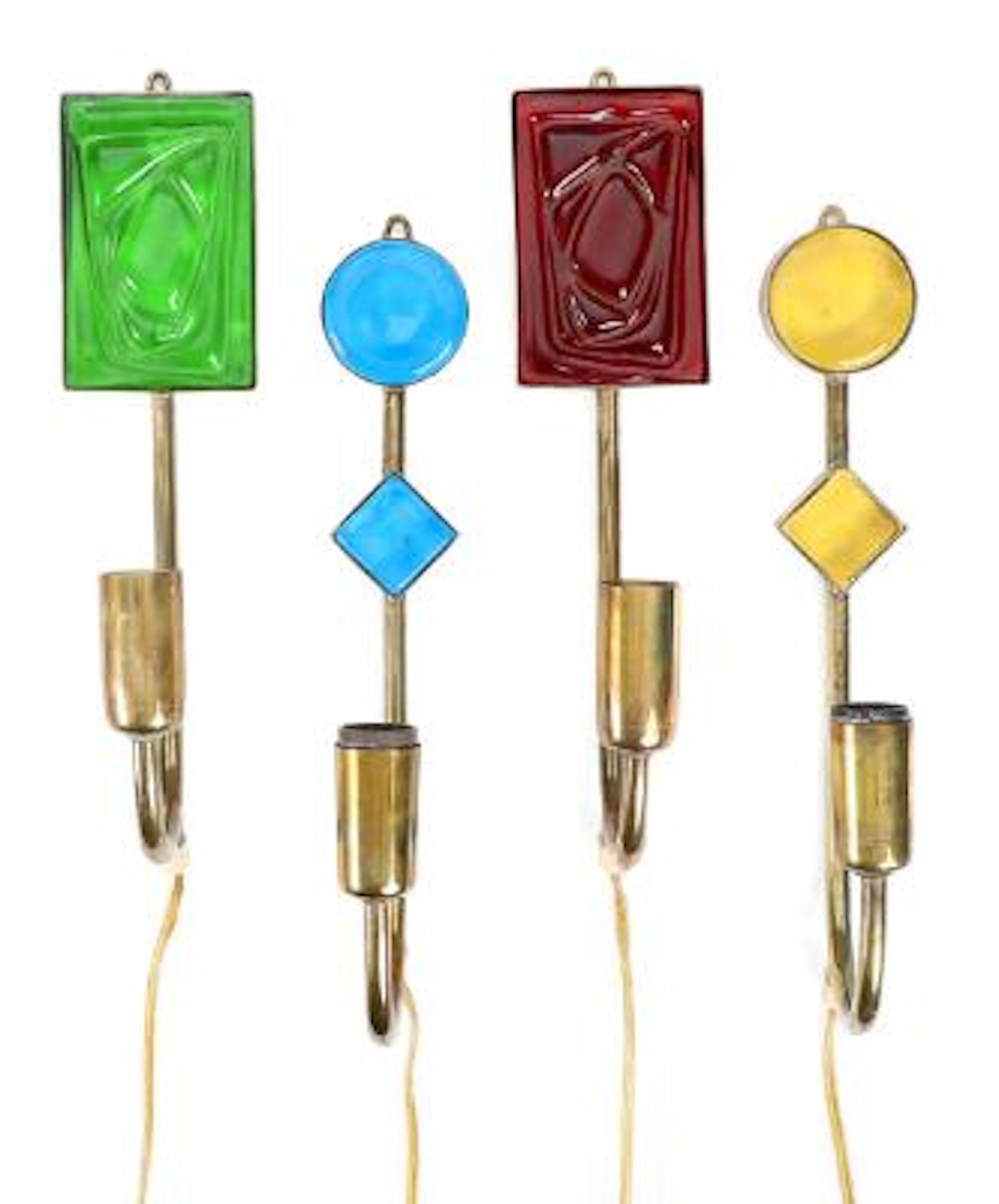 Scandinavian design: Four brass wall lamps inlaid with coloured glass.