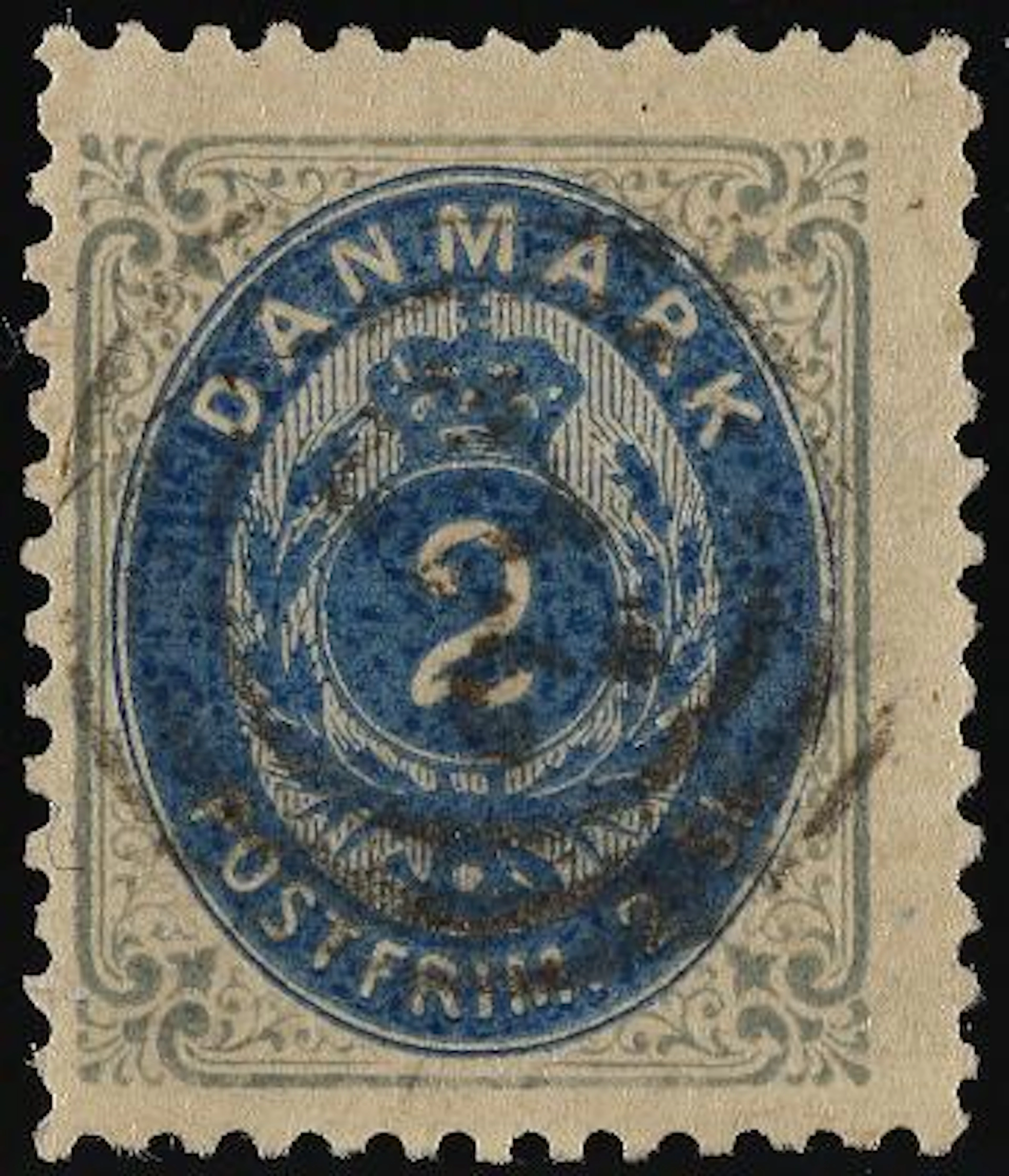 1870. 2 Skilling, grey/ultramarine. Print 1a, plate A, no. 63. Line