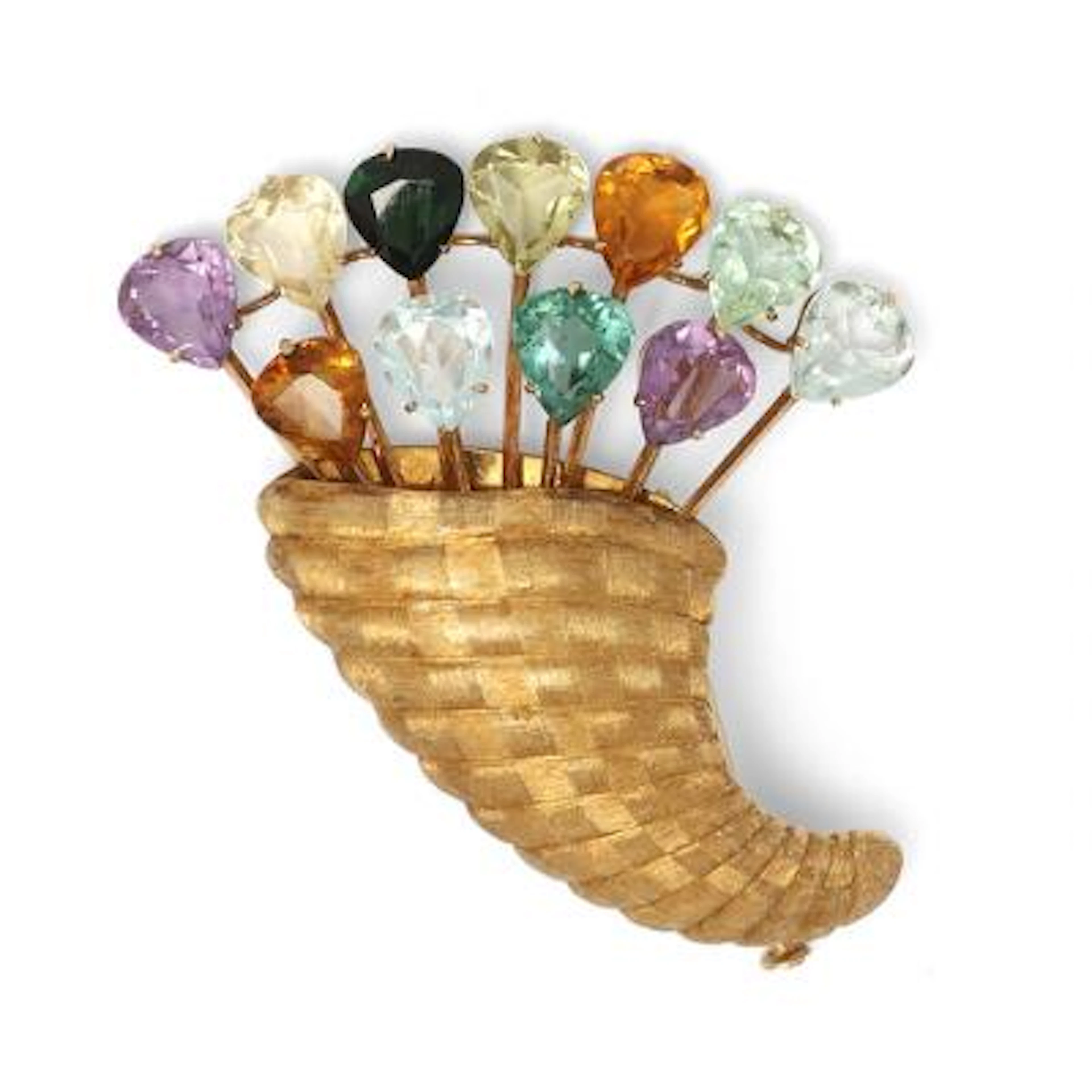 A brooch set with numerous multi-colour gemstones, mounted in 18k
