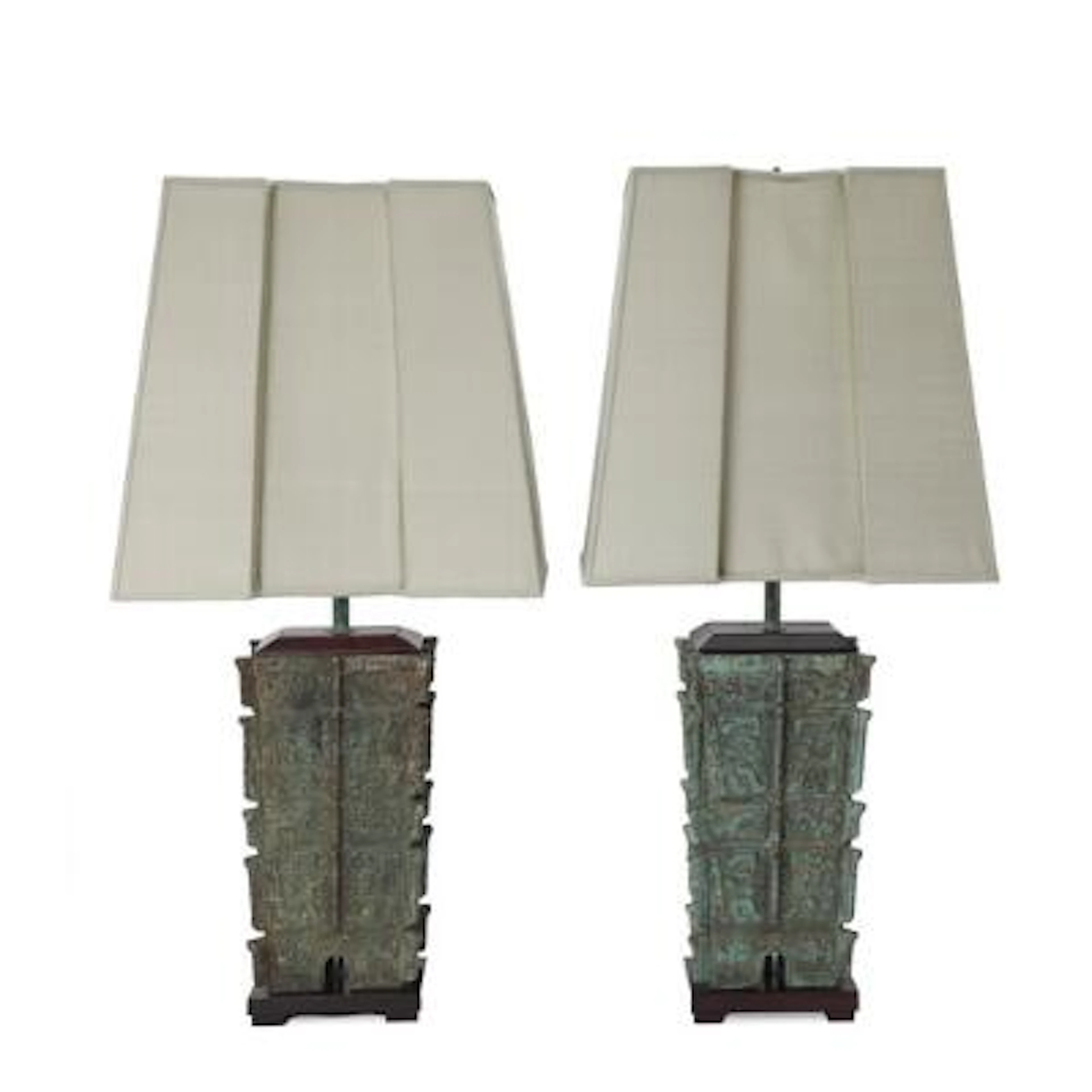A pair of Chinese table lamps of green patinated bronze. Fang Yi type.