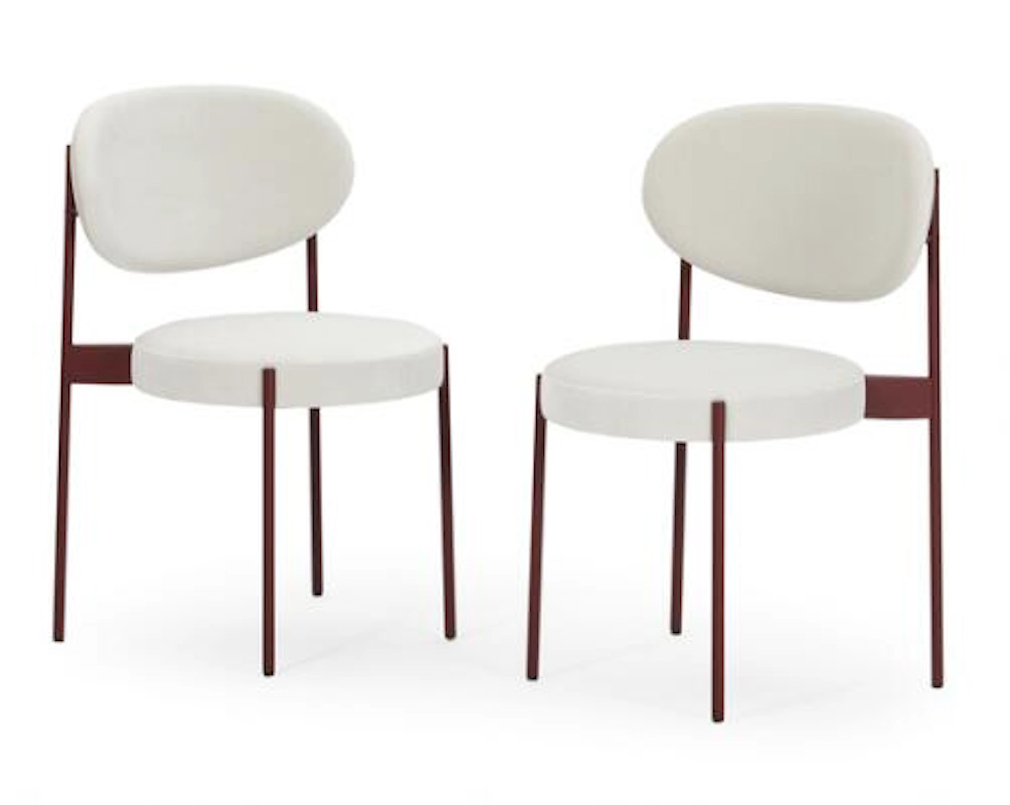 Verner Panton: Pair of chairs with bordeaux lacquered steel frame.