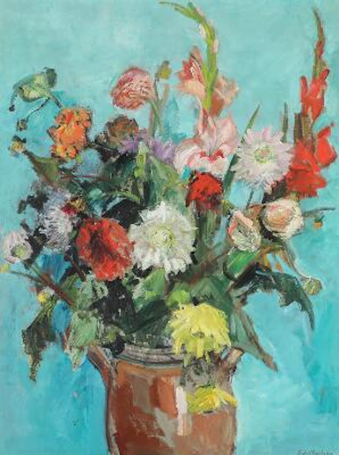 Ludvig Jacobsen: Still life with gladiolus and dahlia in vase. Signed