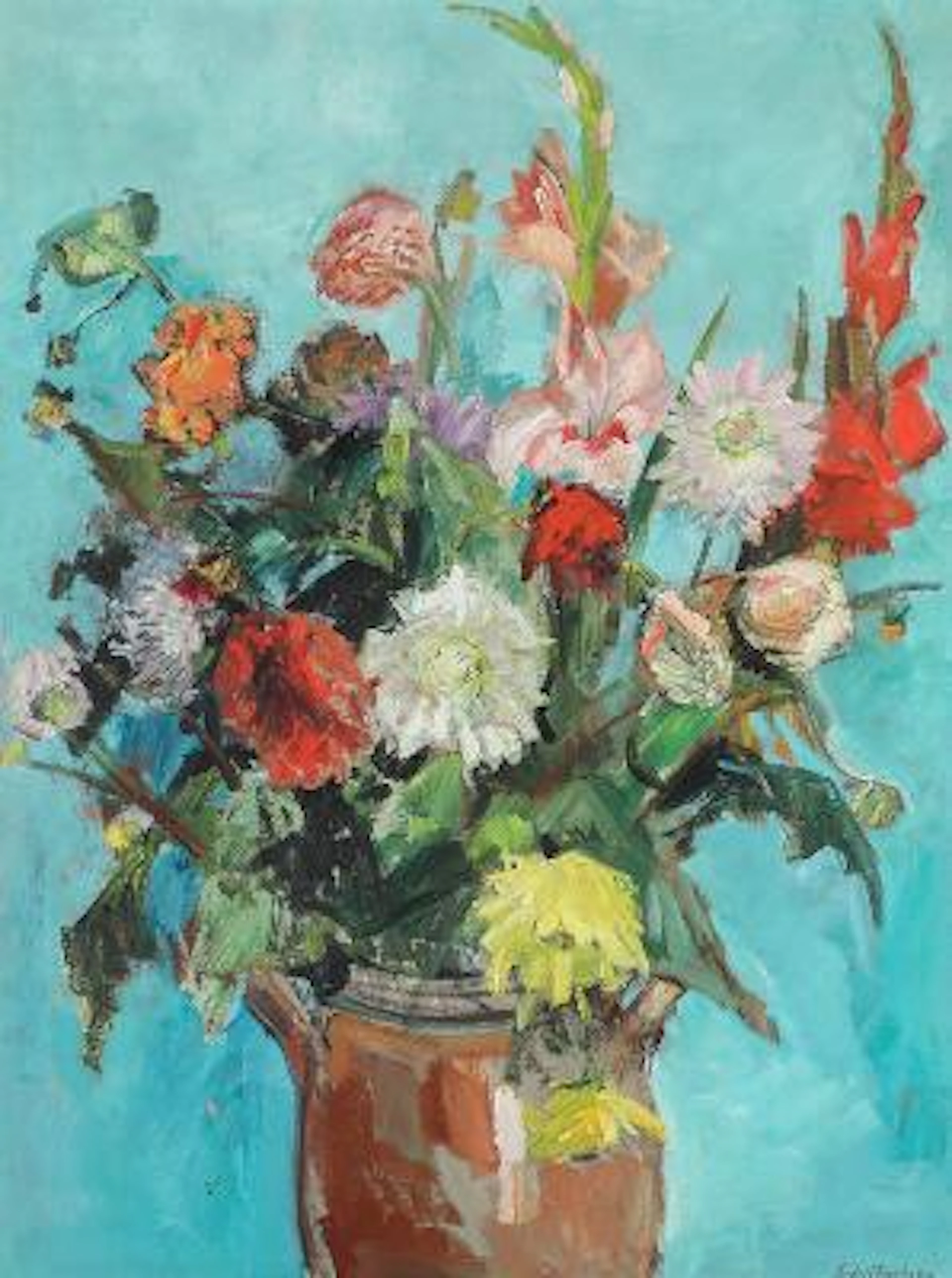 Ludvig Jacobsen: Still life with gladiolus and dahlia in vase. Signed