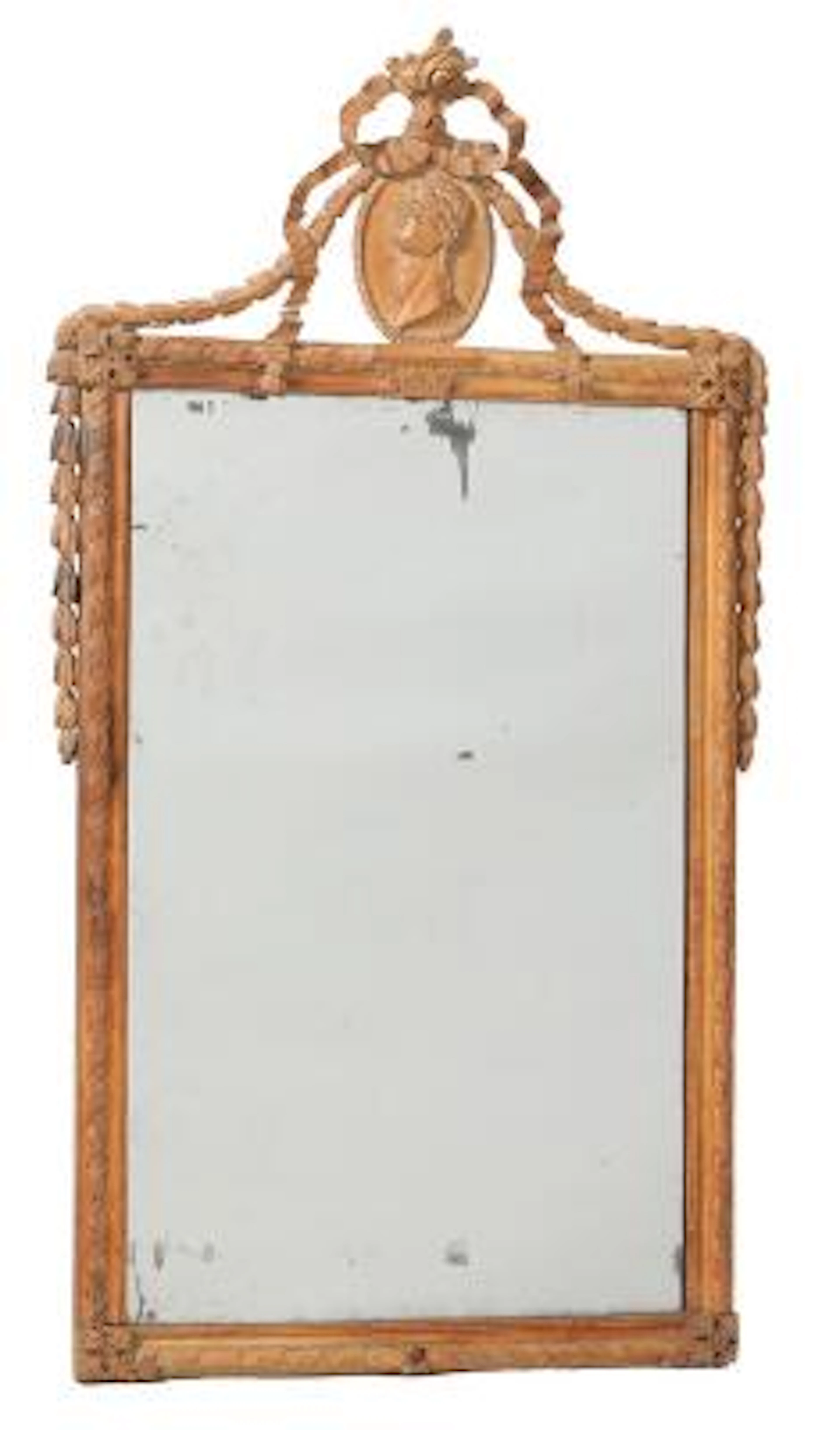 Mirror in frame of carved fruitwood, pierced top with profile portrait.