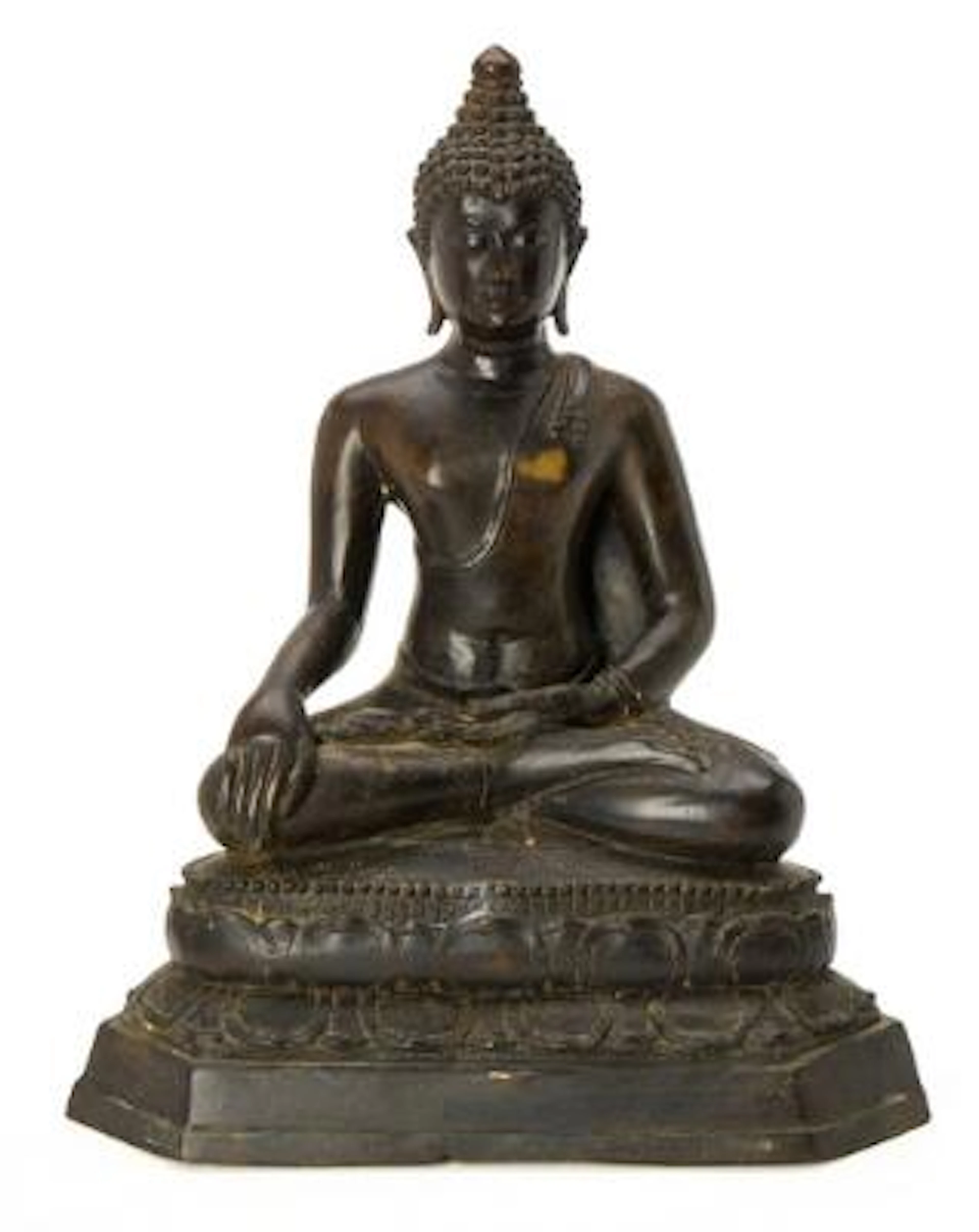 Figure of patinated bronze in the form of Buddha Shakyamuni. Thailand