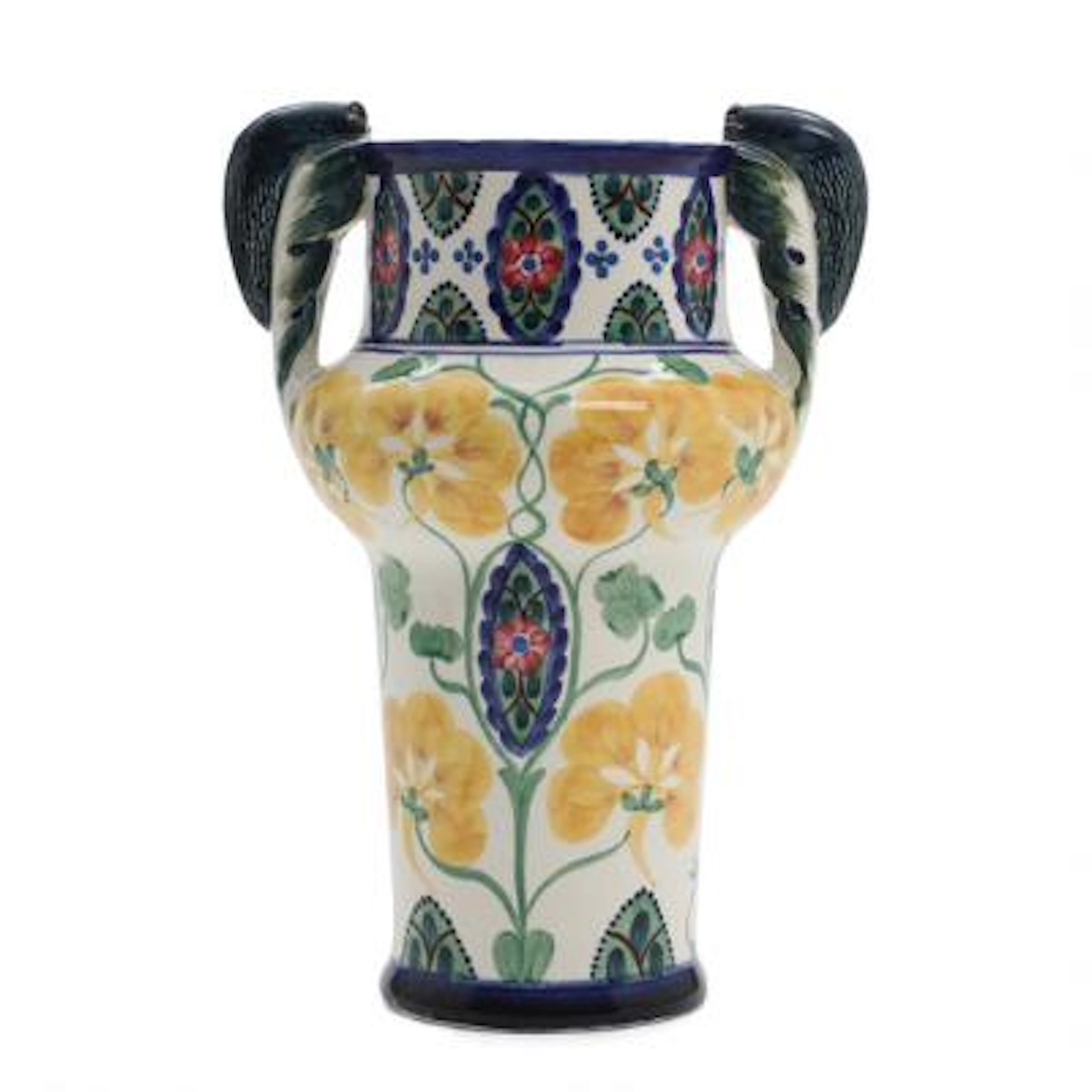 Harald Slott-Møller: A faience vase with slug handles, decorated in