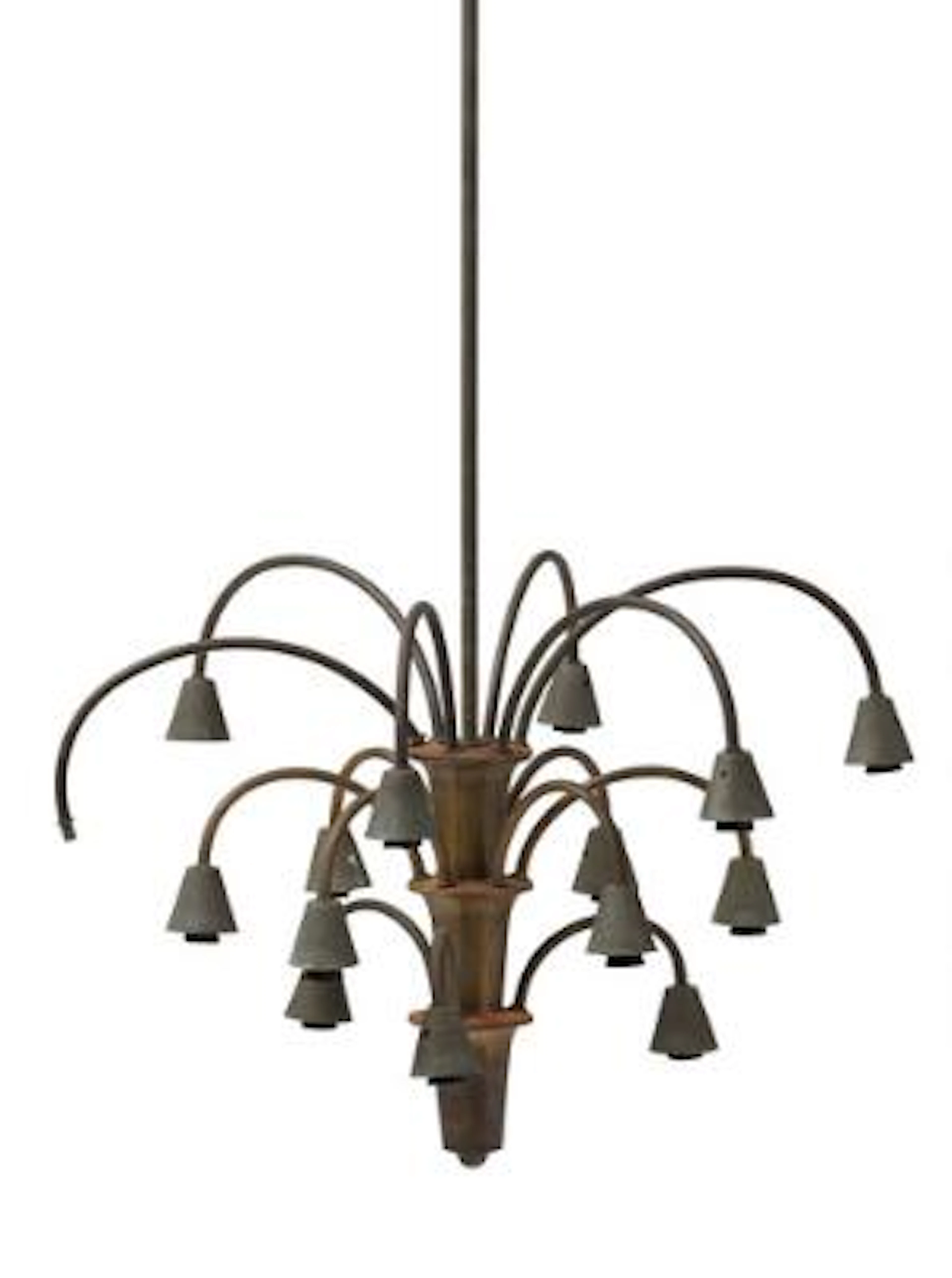 Poul Henningsen: "PH-2/1" "Cascade". Patinated brass 15-armed chandelier