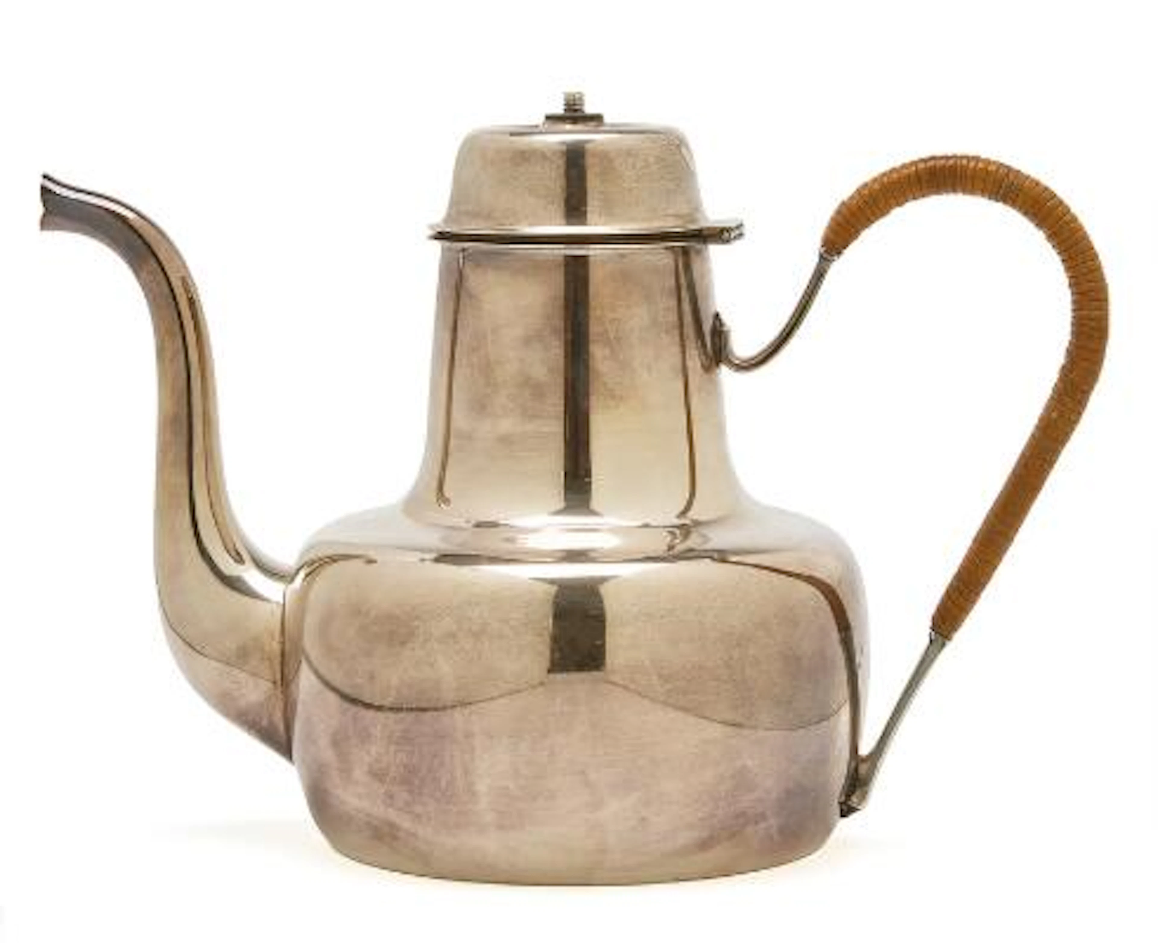 Erik Herløw: A sterling silver coffee pot. Handle with wicker. H.