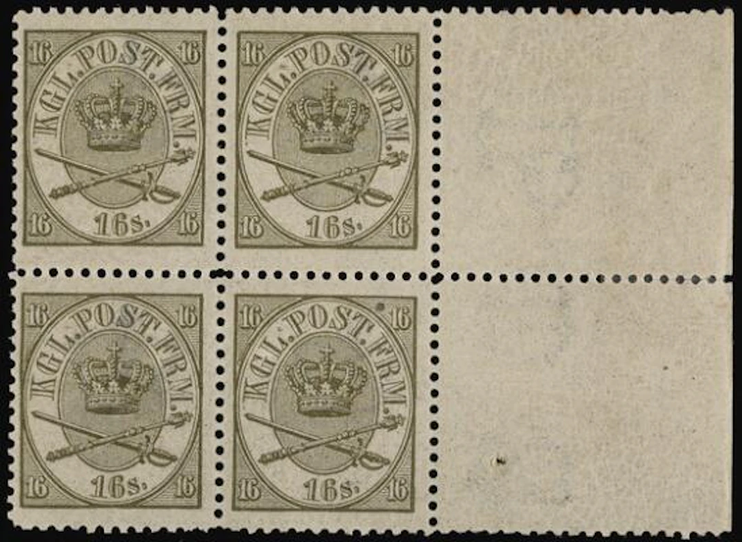 1864. 16 sk. Olive, (1870) line perforated 12 1/2. Block of 4 with