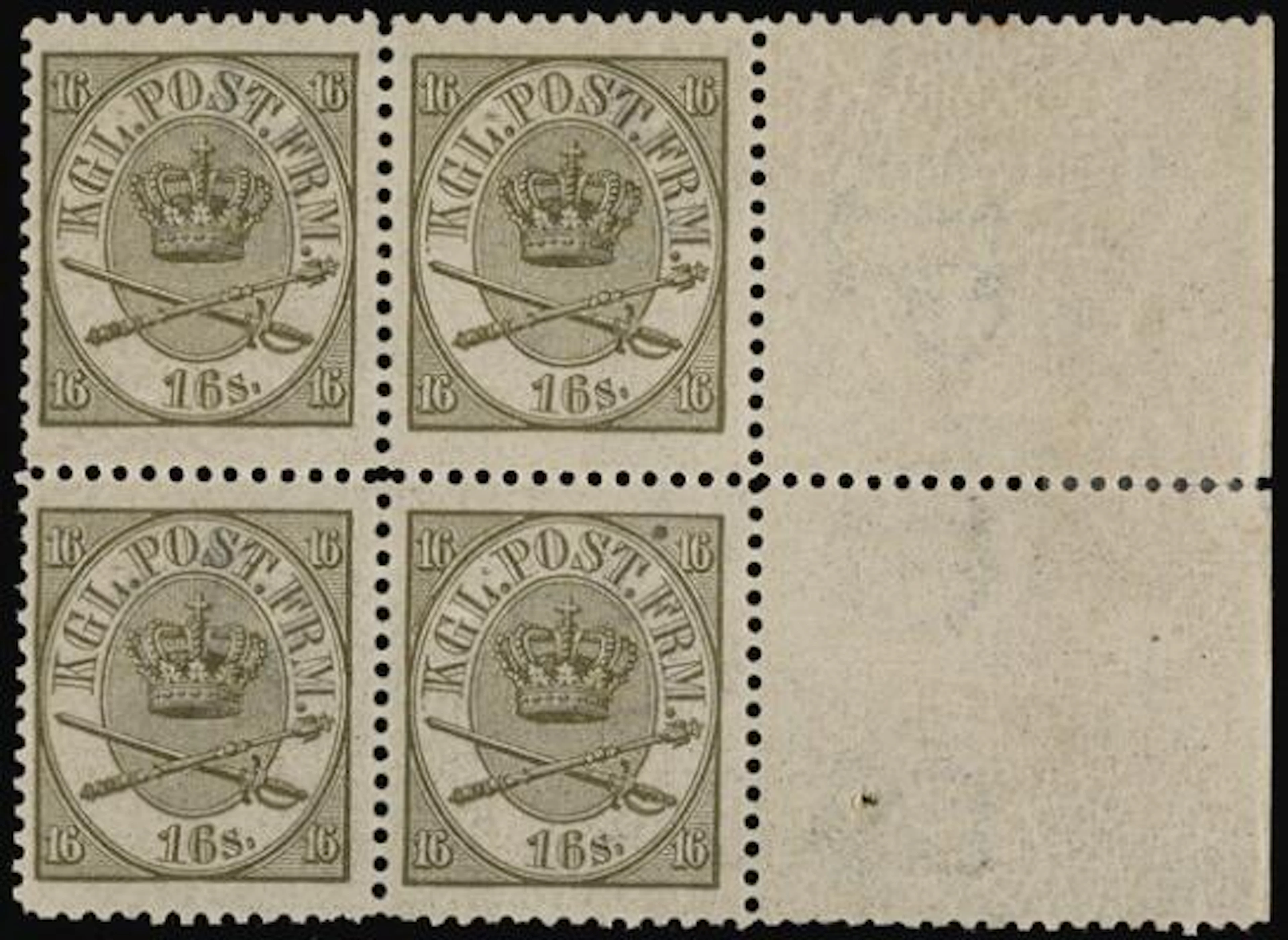 1864. 16 sk. Olive, (1870) line perforated 12 1/2. Block of 4 with