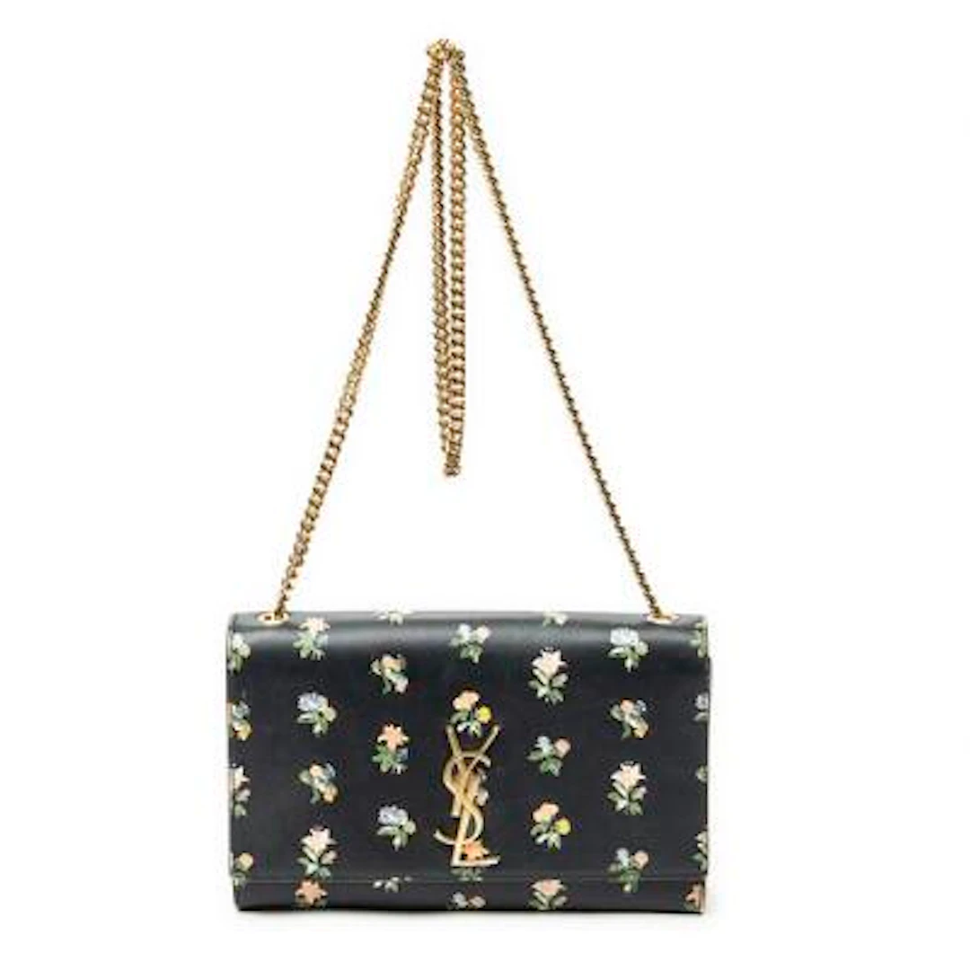 Yves Saint Laurent: A "Medium Kate" bag of black leather with floral