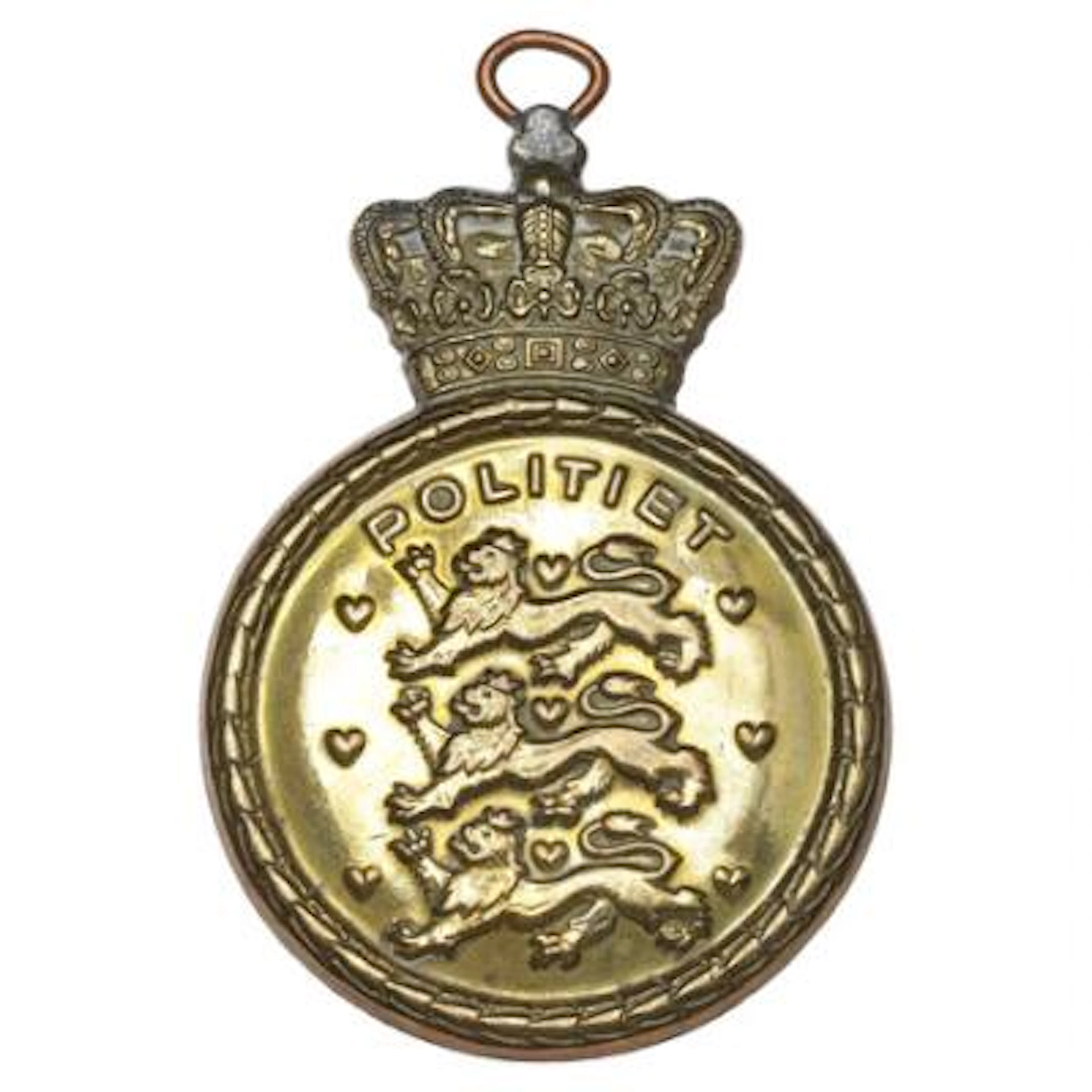 Police badge in brass, pocket badge from around year 1938, with soldered-on