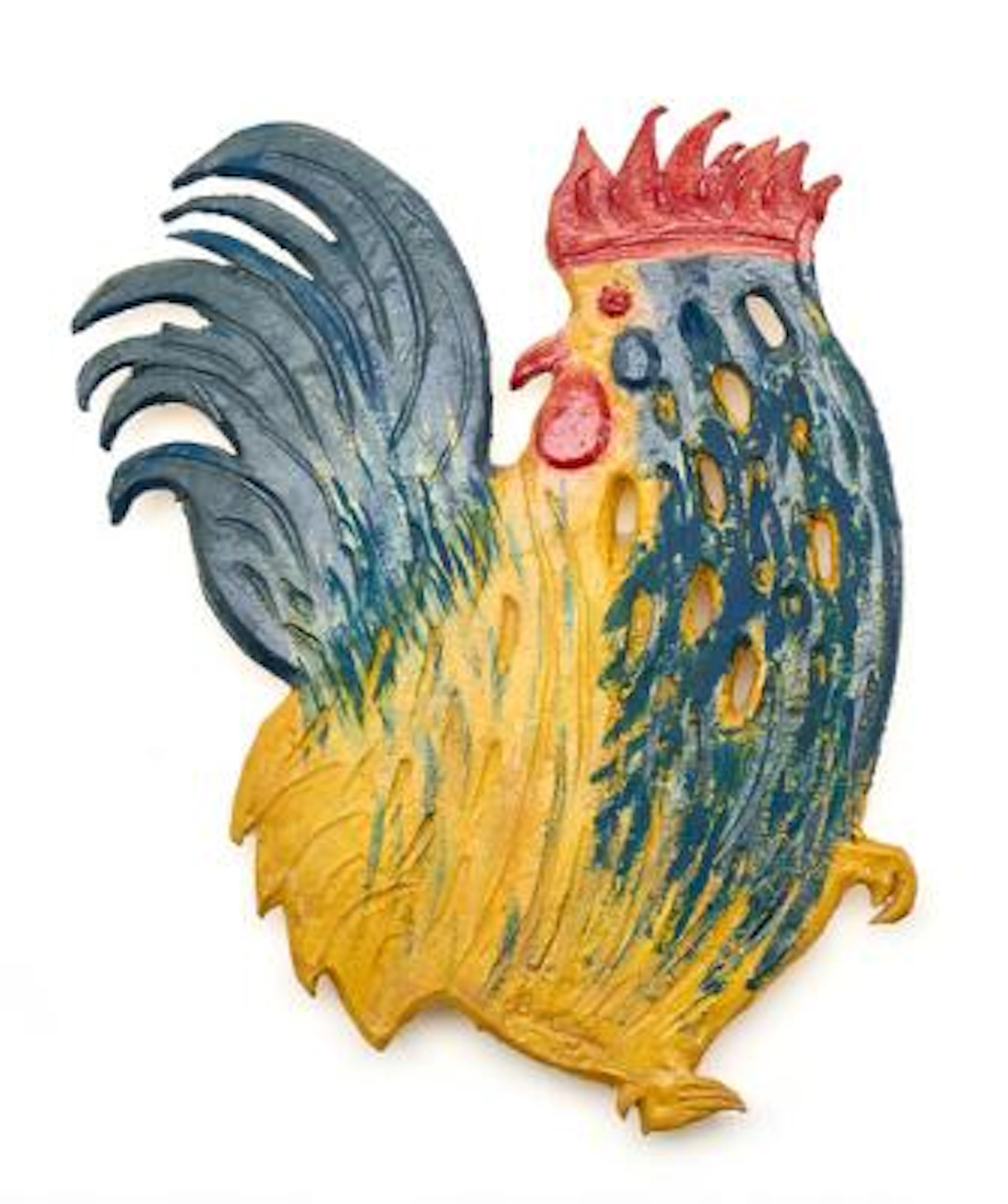 Else Otzen: Rooster. Signed E. Otzen. Relief in polychrome painted