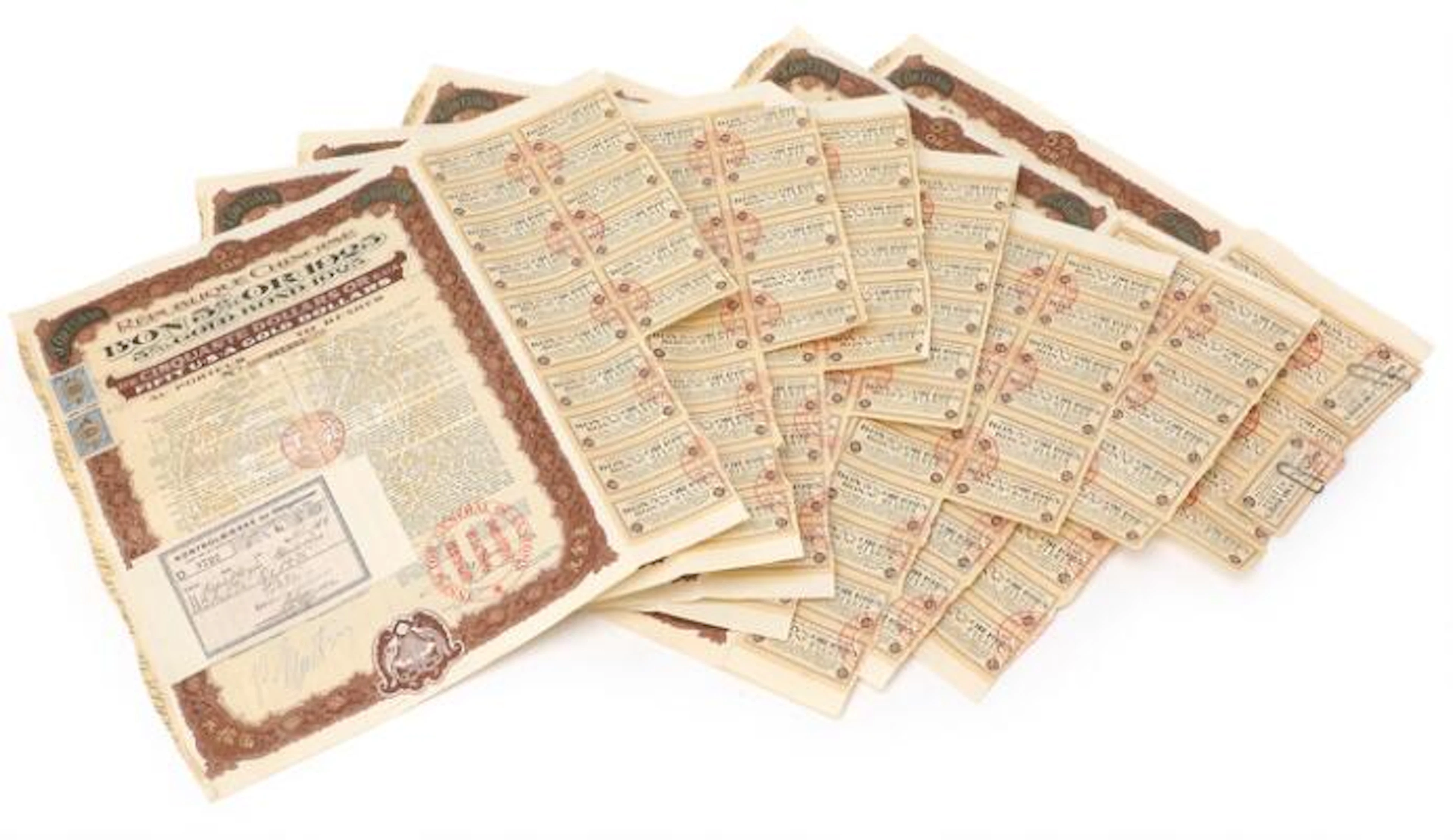 China, 5% Gold Bond 1925, bond for 50 US Dollars, partly with cupons