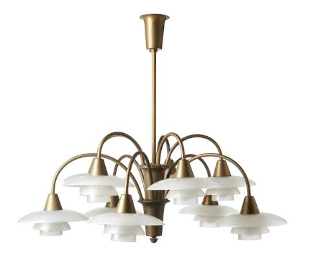 Poul Henningsen: "PH-2/1 Cascade". Patinated brass ten-arm chandelier