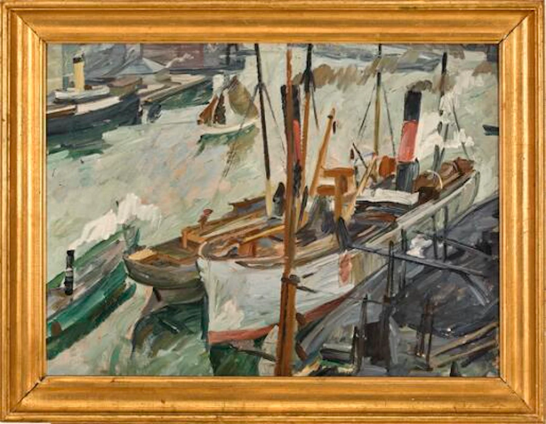 Edvard Weie: Ships at the quay, Christianshavn. Unsigned. Oil on canvas.