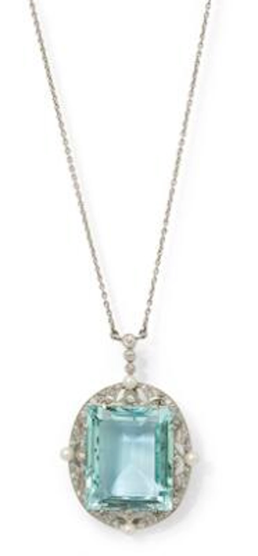 An Art Deco aquamarine and diamond necklace/brooch, mounted in platinum.