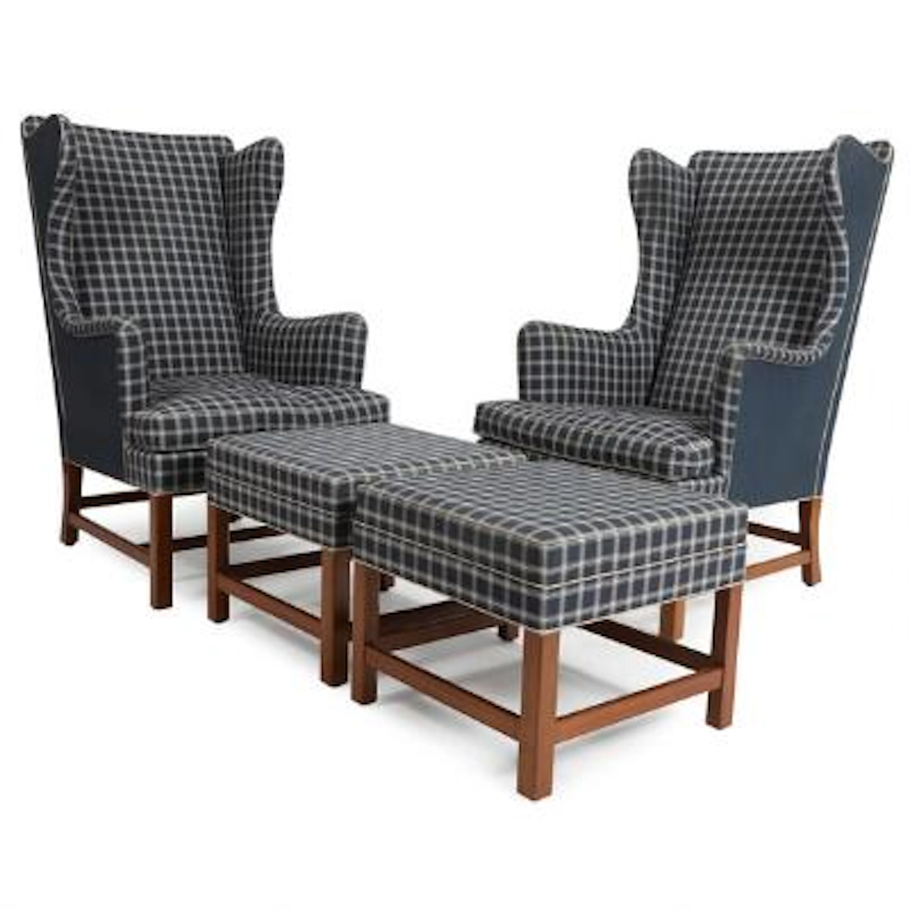 Kaare Klint: A pair of wingback chairs and matching stools with mahogany