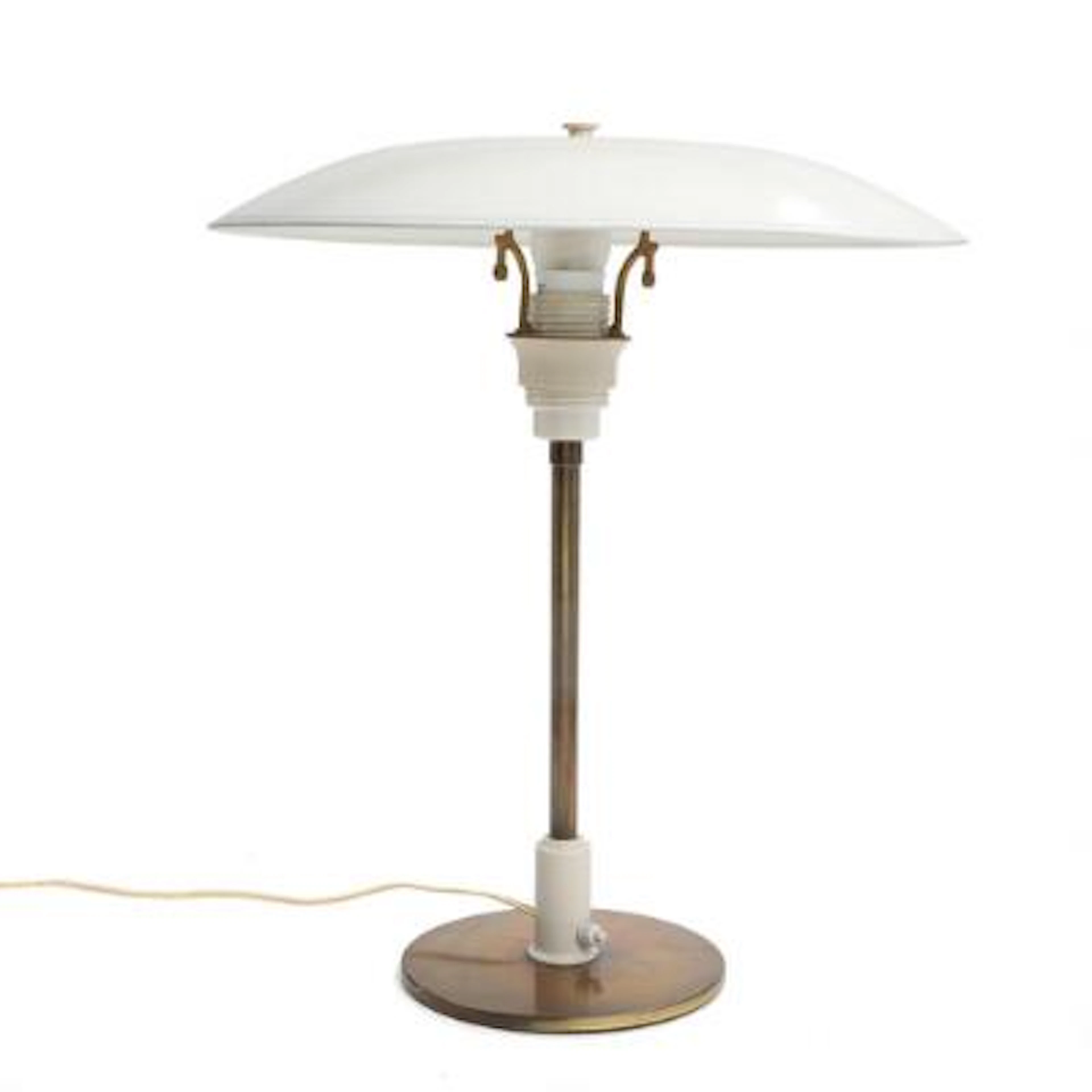 Poul Henningsen: "PH-4/2,5". Table lamp with patinated brass stem.