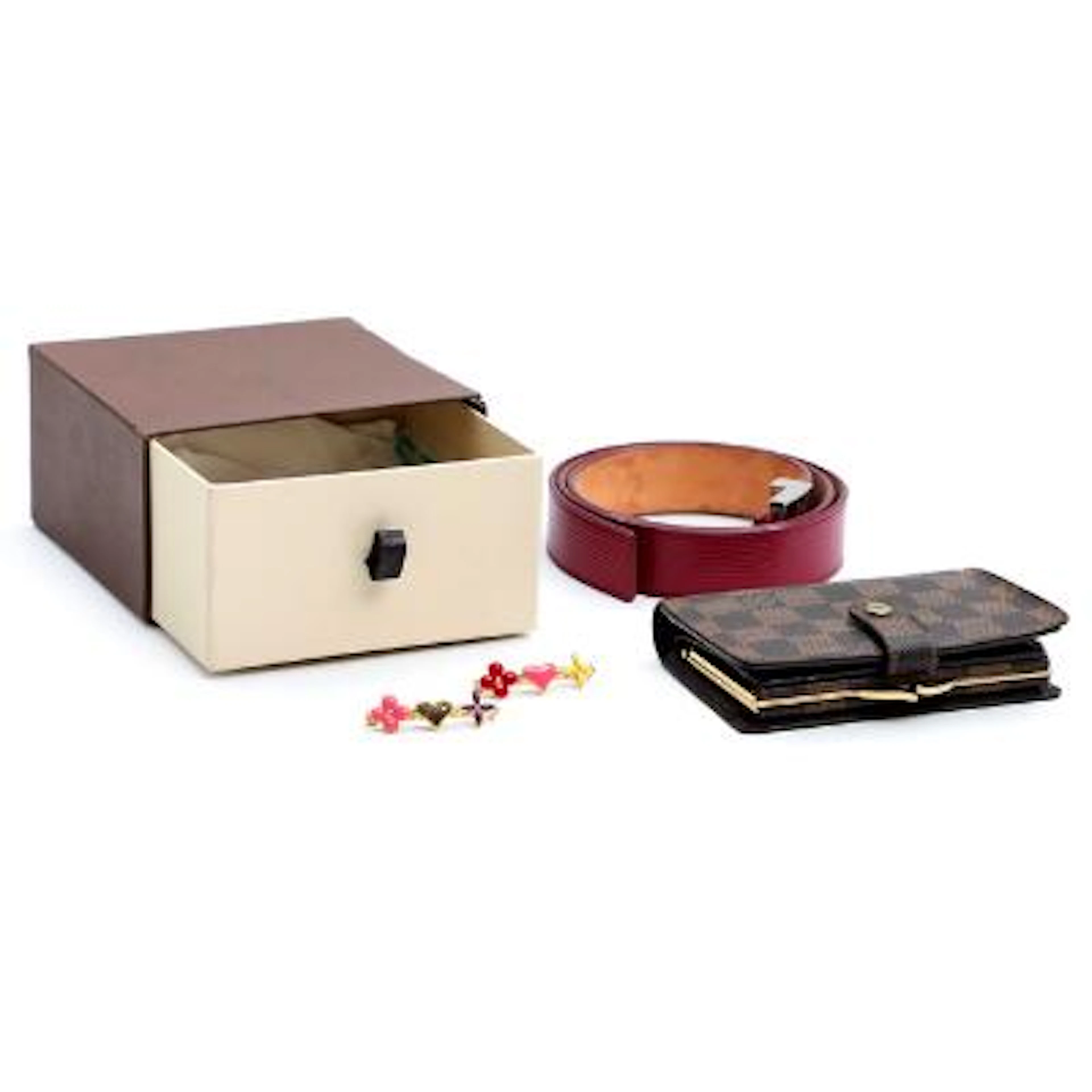 Louis Vuitton: A Damier Ébène canvas wallet, a burgundy Epi leather